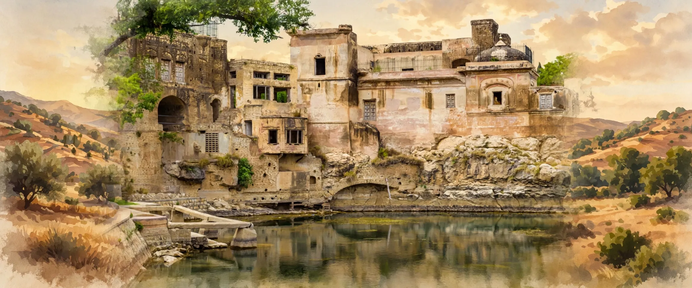 AI-generated editorial design for Jugti, incorporating original photograph of Katas Raj Temples, Chakwal by Dowdoo14 (CC BY-SA 4.0)