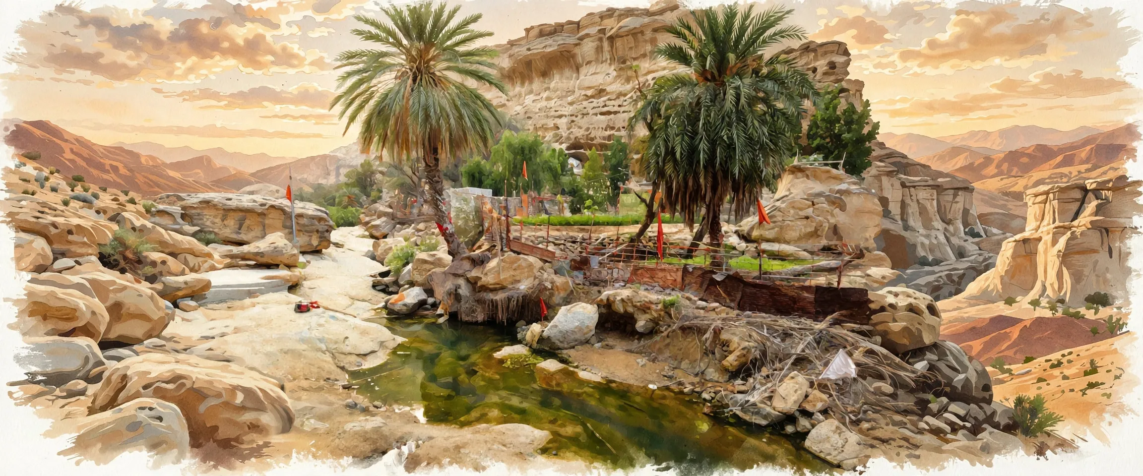 AI-generated editorial design for Jugti, incorporating original photograph of Hinglaj valley, Balochistan by Mhtoori (CC BY-SA 4.0)