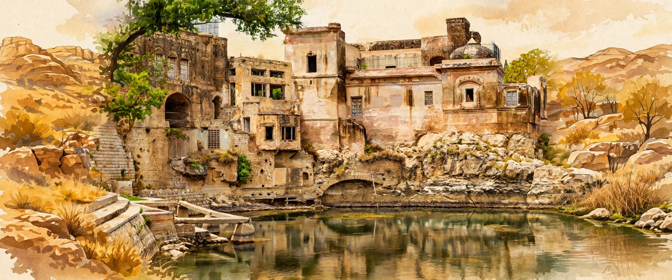 AI-generated editorial design for Jugti, incorporating original photograph of Katas Raj Temples, Chakwal by Dowdoo14 (CC BY-SA 4.0)