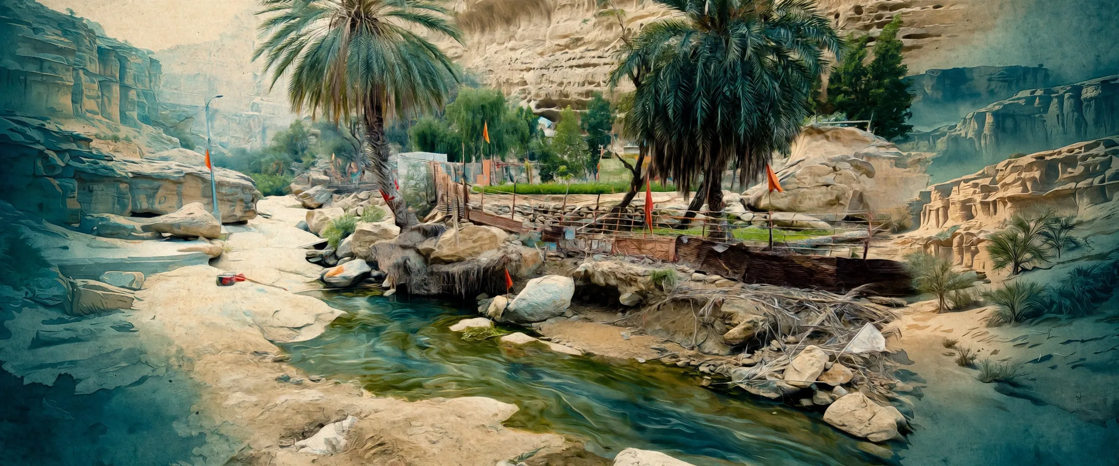 AI-generated editorial design for Jugti, incorporating original photograph of Hinglaj Mata gorge, Lasbela by Mhtoori (CC BY-SA 4.0)