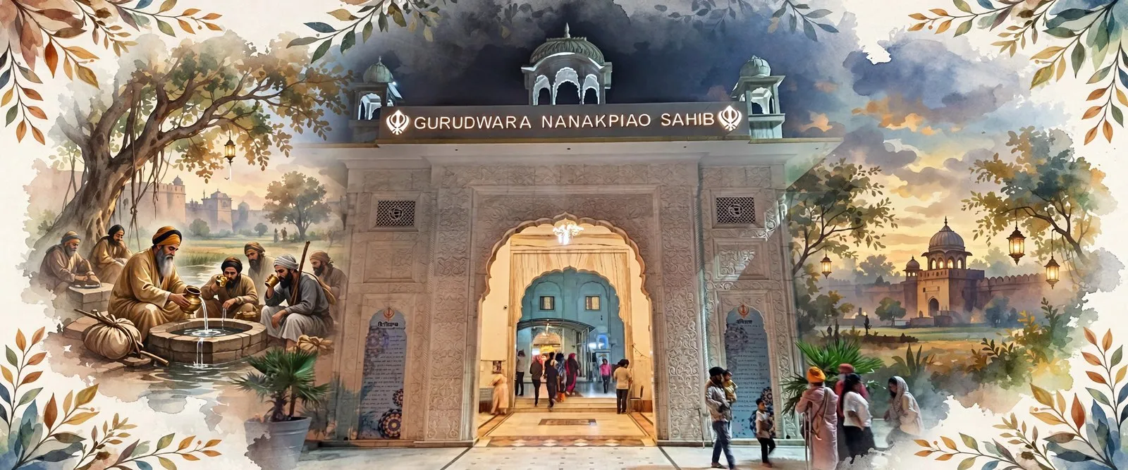AI-generated editorial design for Jugti, incorporating original photograph of Gurdwara Nanak Piao Sahib, Delhi by ਦੀਪਕ ਅਜ਼ੀਜ਼ (CC BY-SA 4.0)