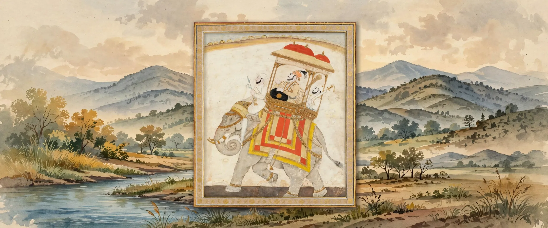 AI-generated editorial design for Jugti, incorporating original painting of Guru Gobind Singh Ji riding to battle on an elephant by an unknown artist, circa late 17th to early 18th century (public domain)