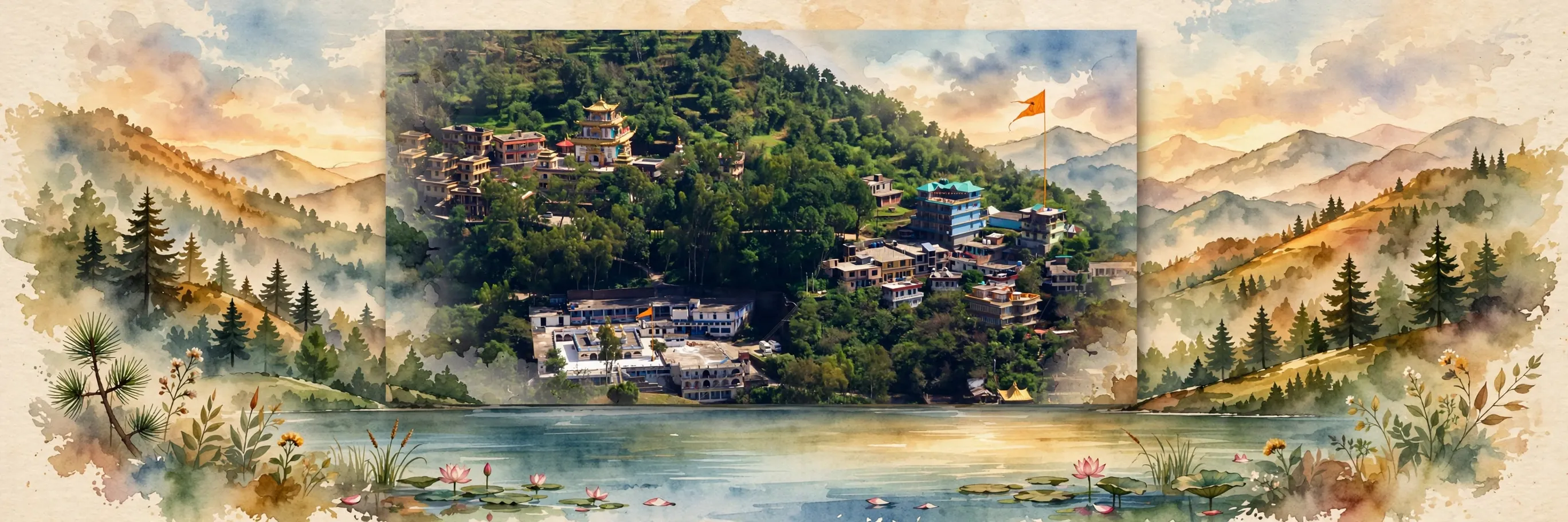 AI-generated editorial design for Jugti, incorporating original photograph of Rewalsar hillside and Gurdwara Rewalsar Sahib by Gerd Eichmann (CC BY-SA 4.0)