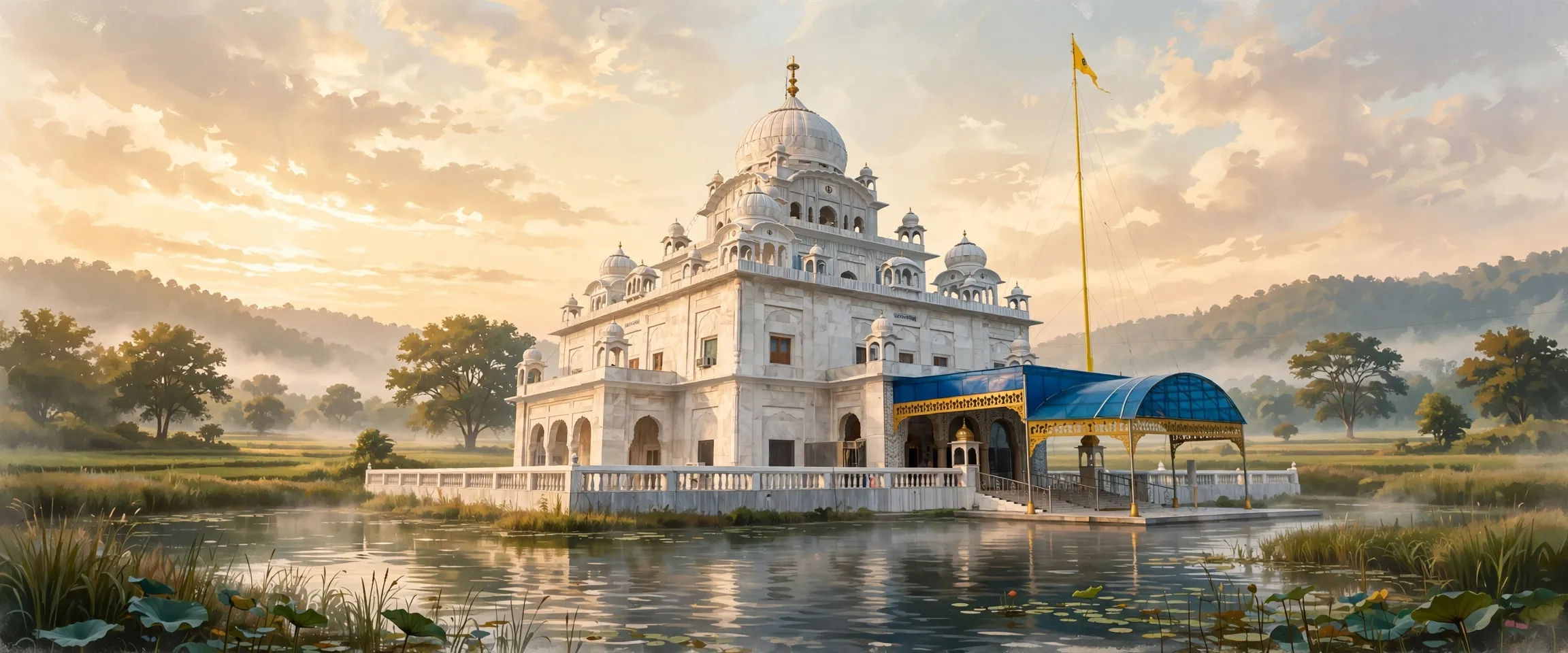 AI-generated editorial design for Jugti, incorporating original photograph of Gurdwara Nanakmatta Sahib by Geet Arts (CC BY-SA 4.0)