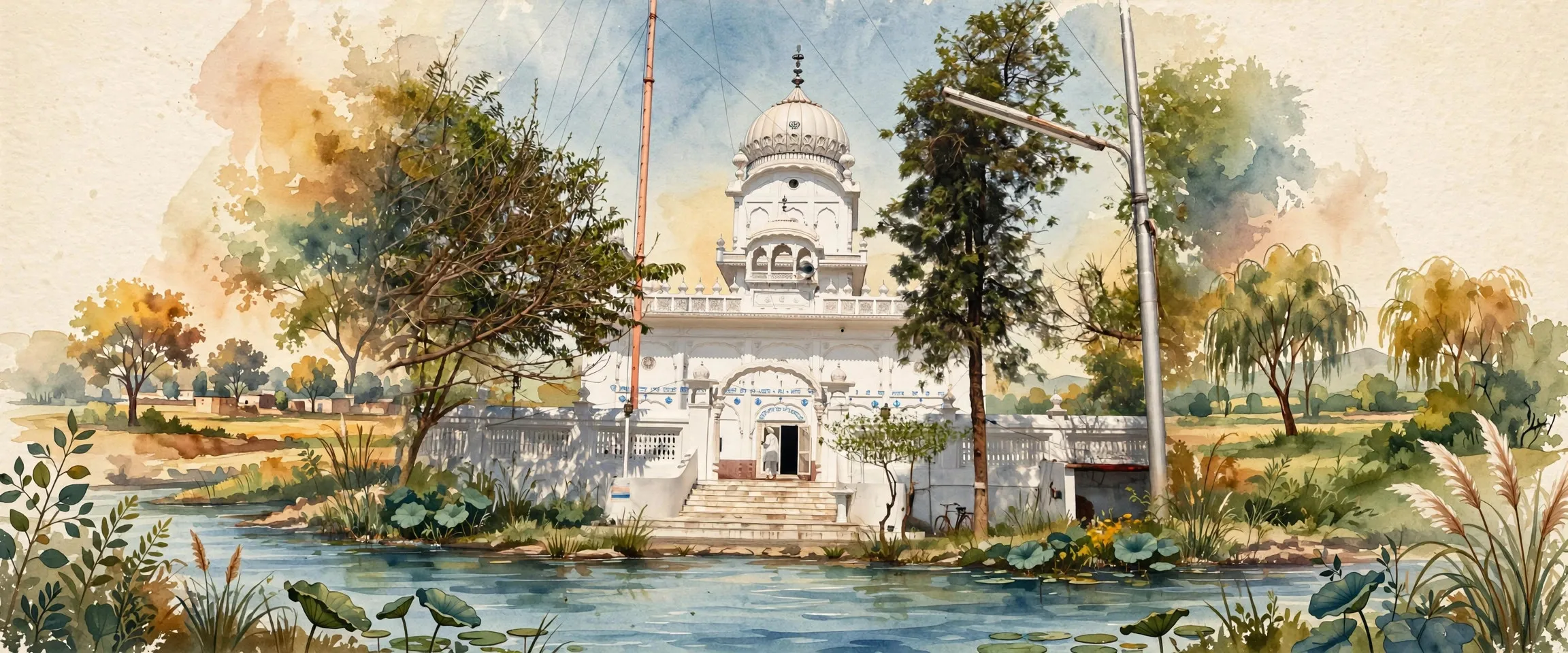 AI-generated editorial design for Jugti, incorporating original photograph of Gurdwara Sant Ghat Sahib, Sultanpur Lodhi by Jiwanjot (public domain)