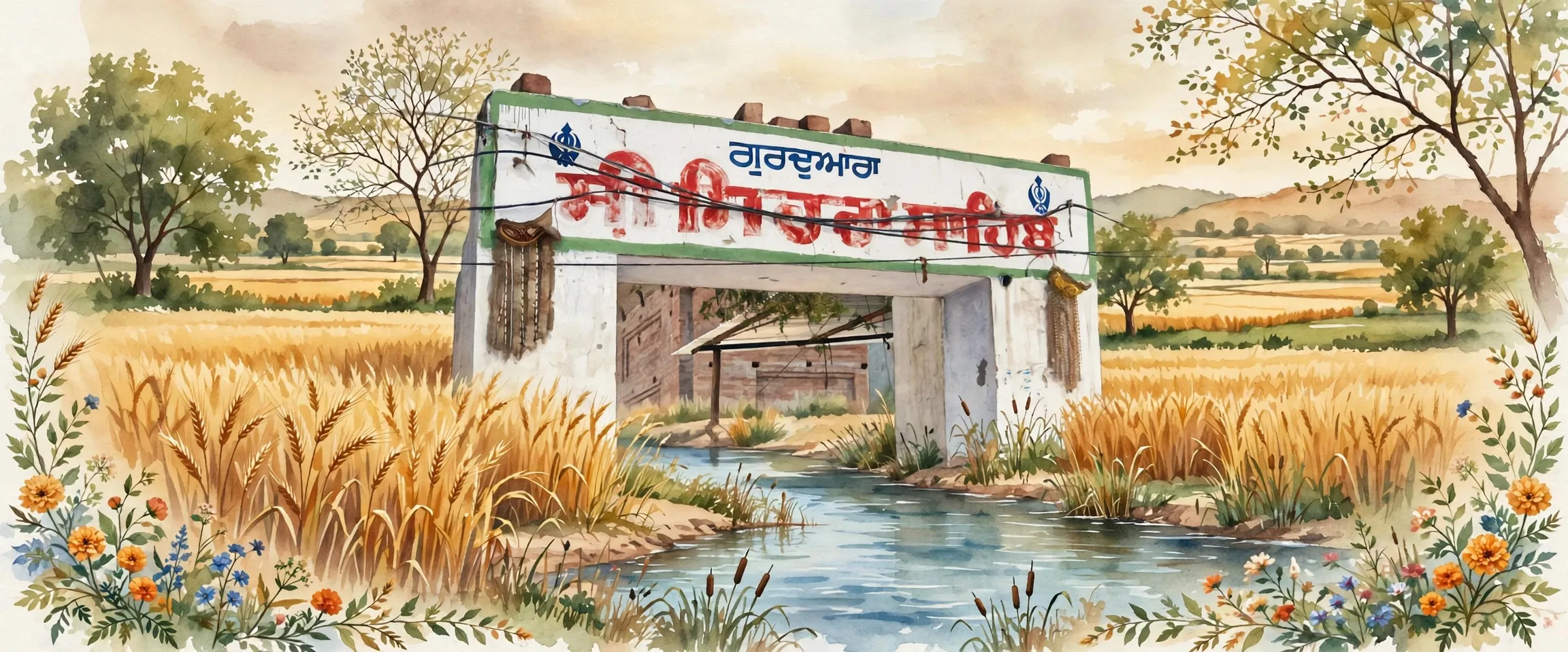 AI-generated editorial design for Jugti, incorporating original photograph of Gurdwara Sehra Sahib, Sultanpur Lodhi by Jiwanjot (public domain)