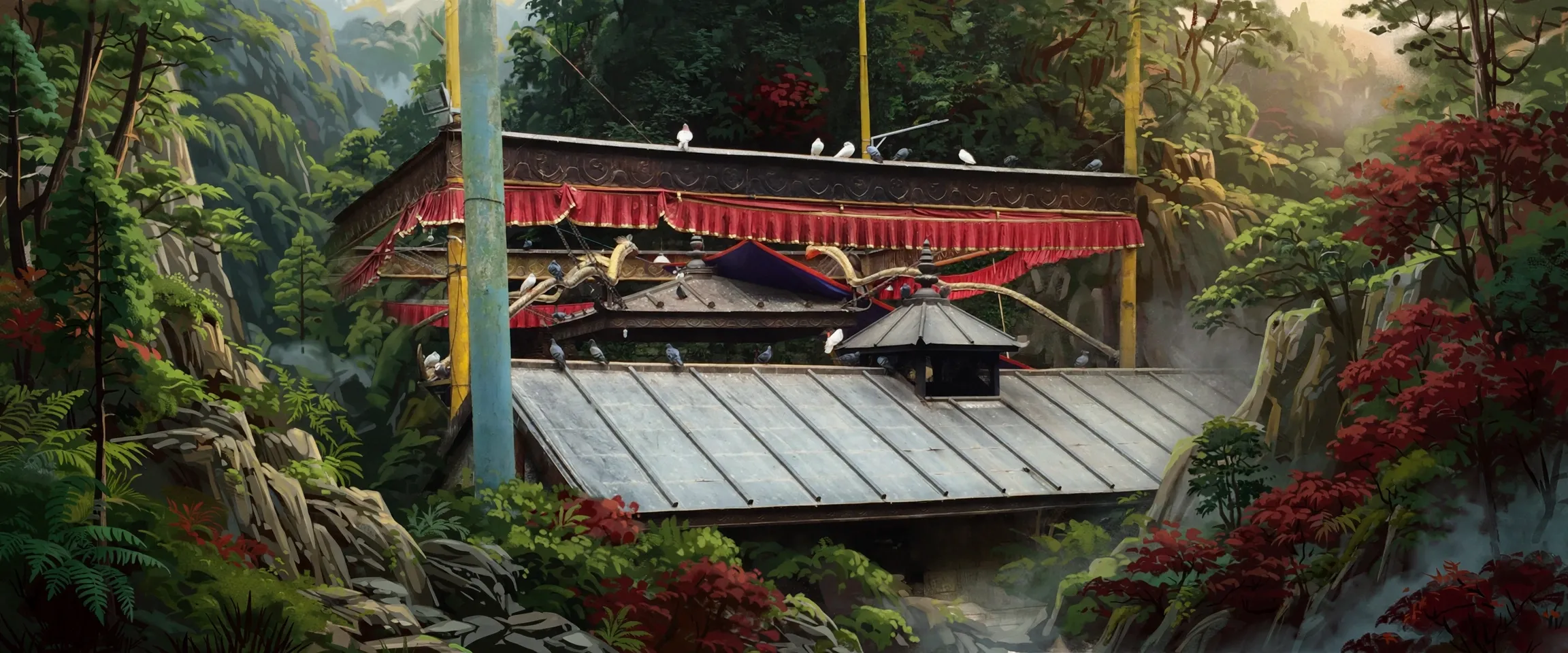 AI-generated editorial design for Jugti, incorporating original photograph of Dakshinkali Temple, Nepal by Ashim nep (CC BY-SA 4.0)