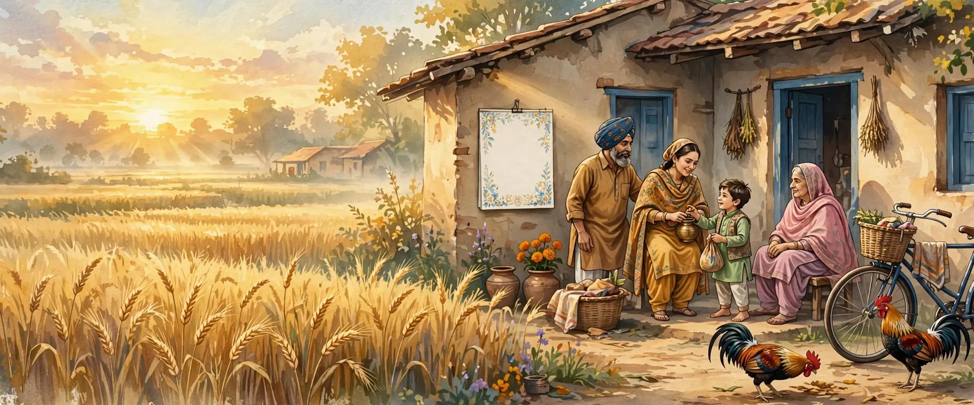 Painterly illustration of a Punjabi village morning at sunrise, a family starting the day outside a home with a calendar page and a bicycle