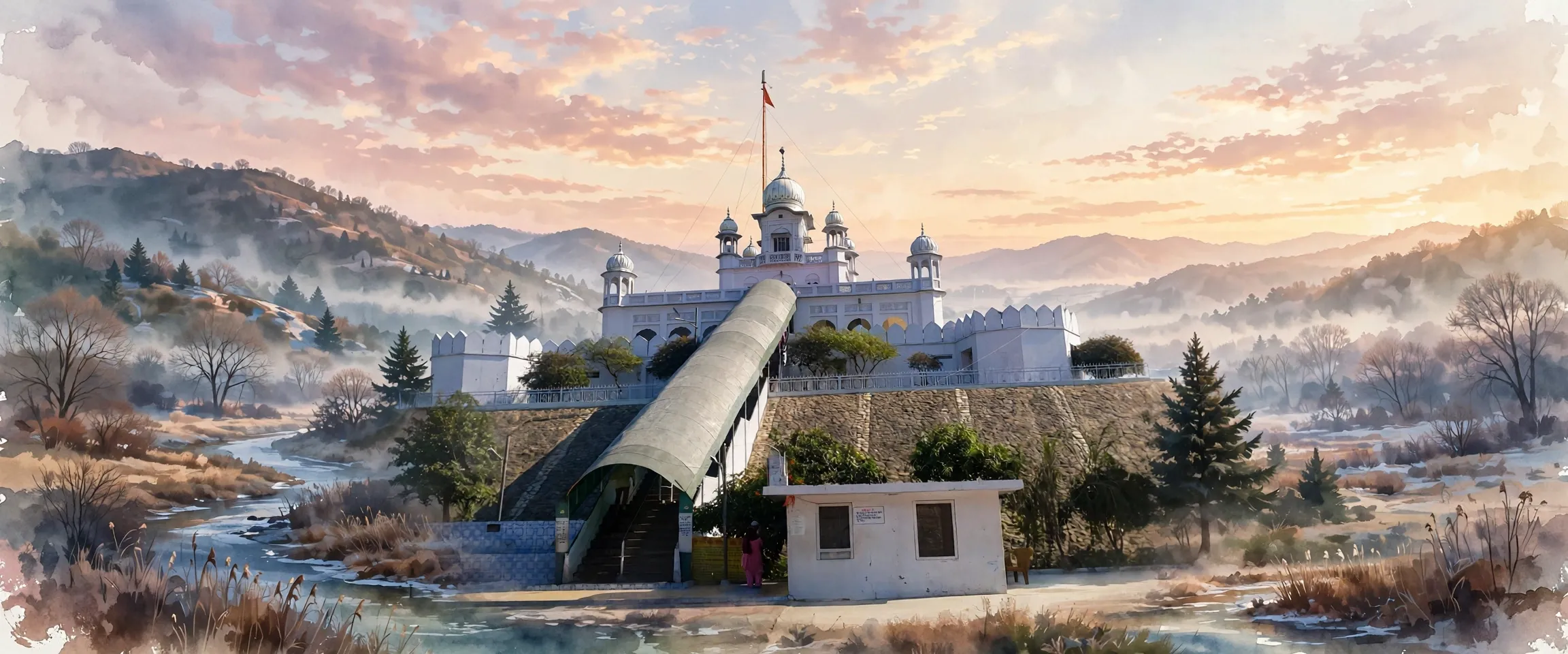 AI-generated editorial design for Jugti, incorporating original photograph of Gurdwara Parivar Vichora Sahib, Majri, Rupnagar by Shemaroo (CC BY-SA 3.0)