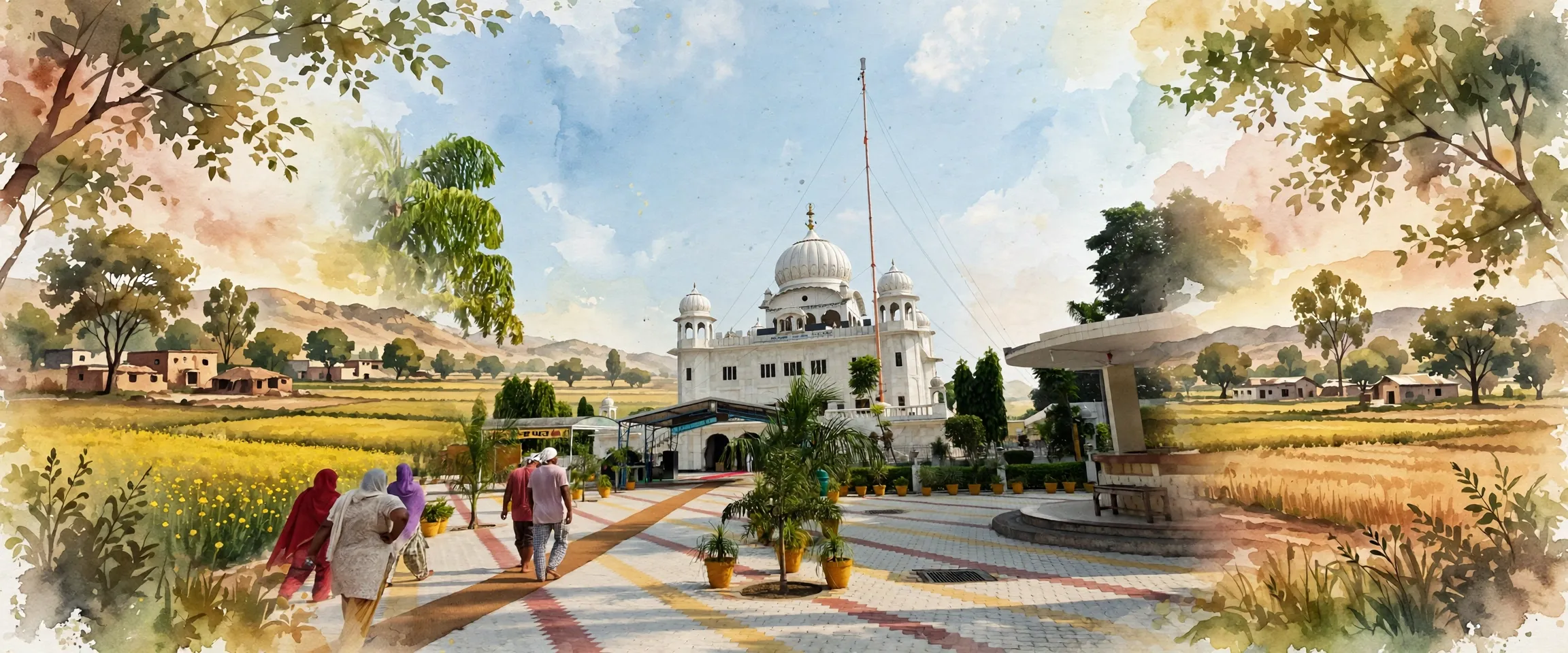 AI-generated editorial design for Jugti, incorporating original photograph of Gurdwara Bhatha Sahib, Kotla Nihang, Rupnagar by Harvinder Chandigarh (CC BY-SA 4.0)