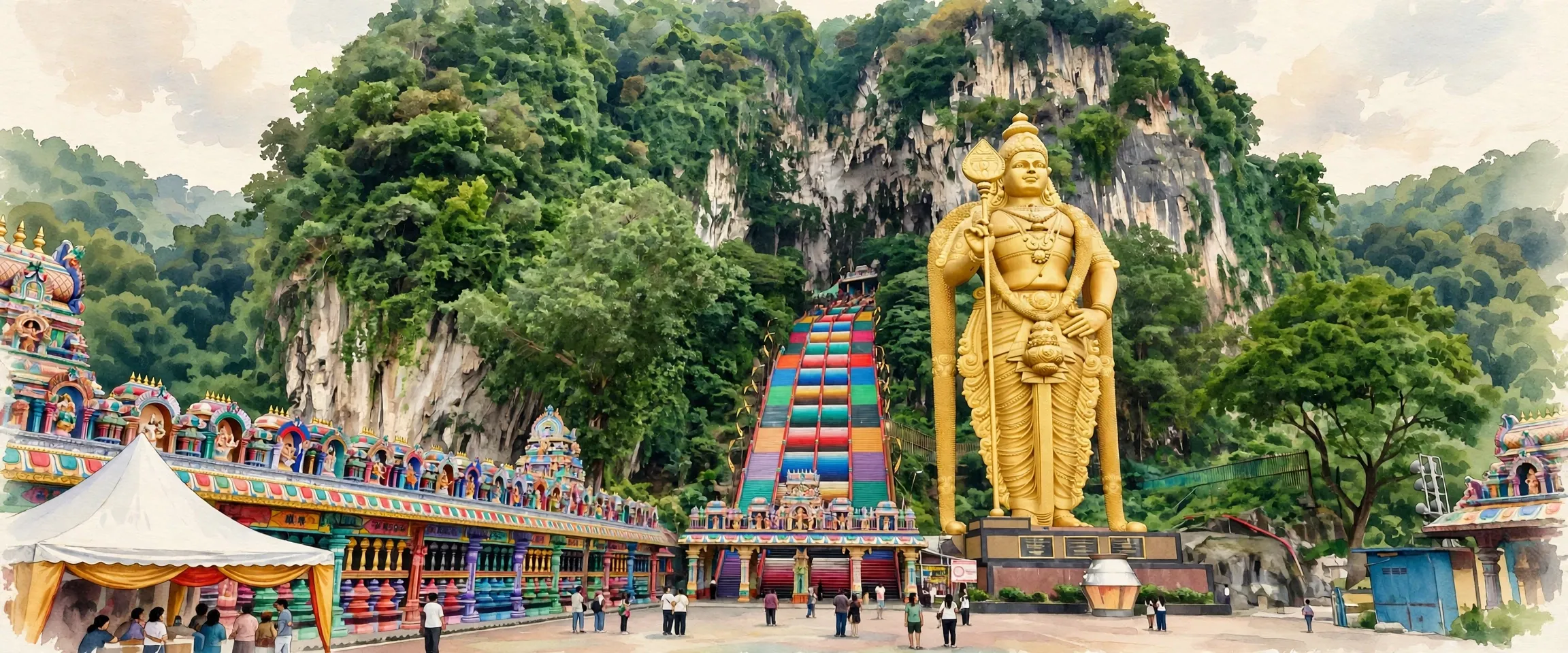 AI-generated editorial design for Jugti, incorporating original photograph of Batu Caves, Malaysia by Chainwit. (CC BY-SA 4.0)