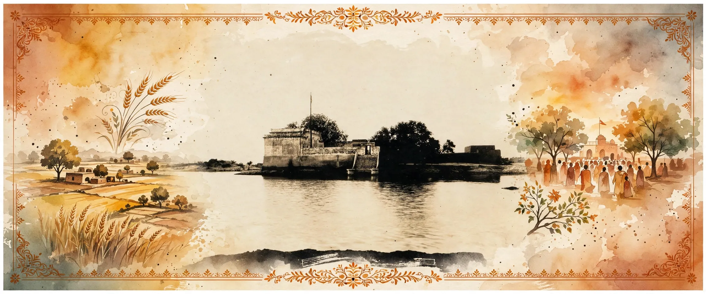 AI-generated editorial design for Jugti, incorporating original photograph of Gurdwara Gangsar Sahib, Jaito, circa late 19th or early 20th century by unknown photographer (public domain)