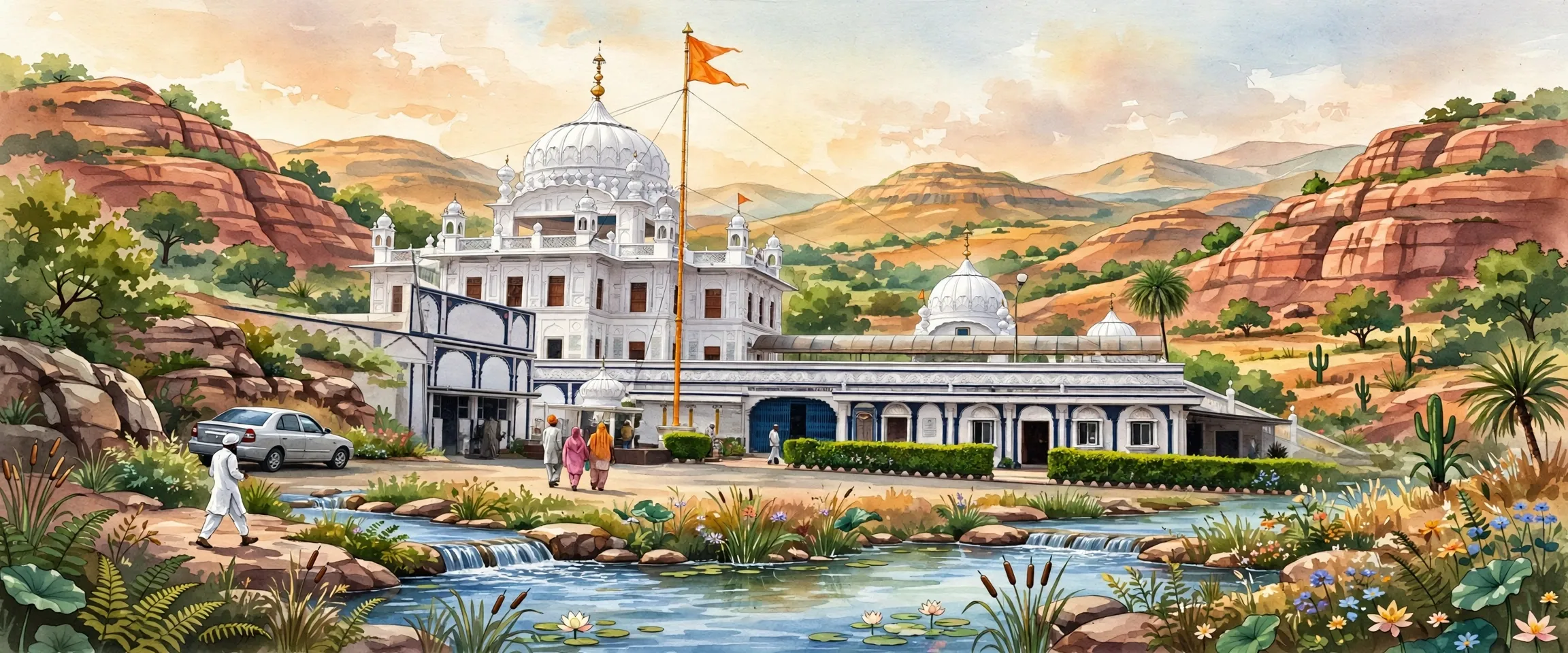 AI-generated editorial design for Jugti, incorporating original photograph of Guru Nanak Jhira Sahib, Bidar by Abhinaba Basu (CC BY 2.0)