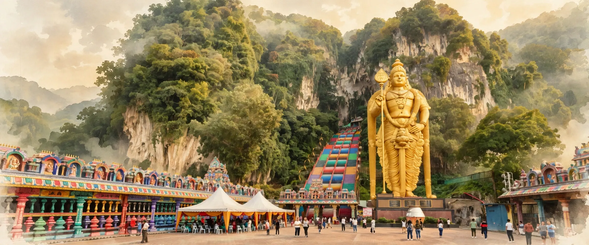 AI-generated editorial design for Jugti, incorporating original photograph of Batu Caves, Malaysia by Chainwit. (CC BY-SA 4.0)