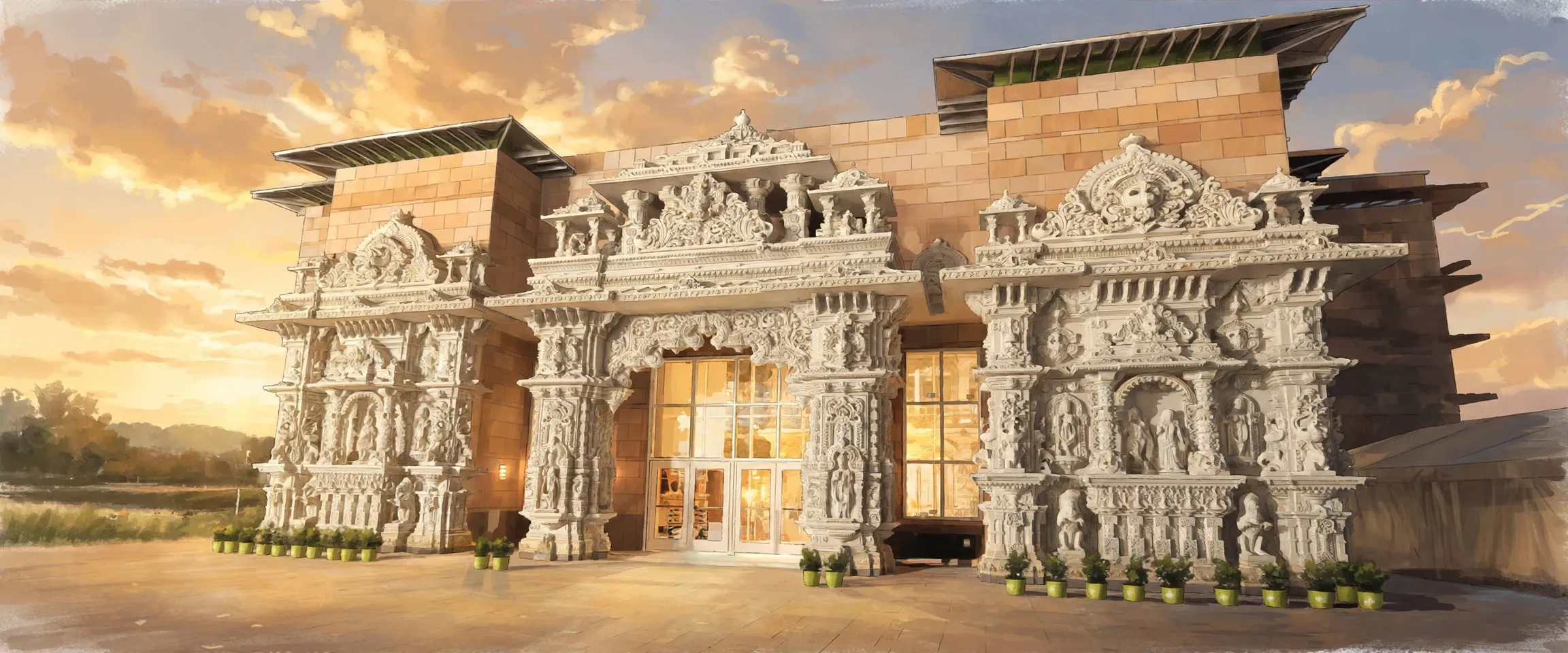 AI-generated editorial design for Jugti, incorporating original photograph of BAPS Robbinsville Mandir by BAPS Swaminarayan Sanstha (CC BY-SA 3.0)