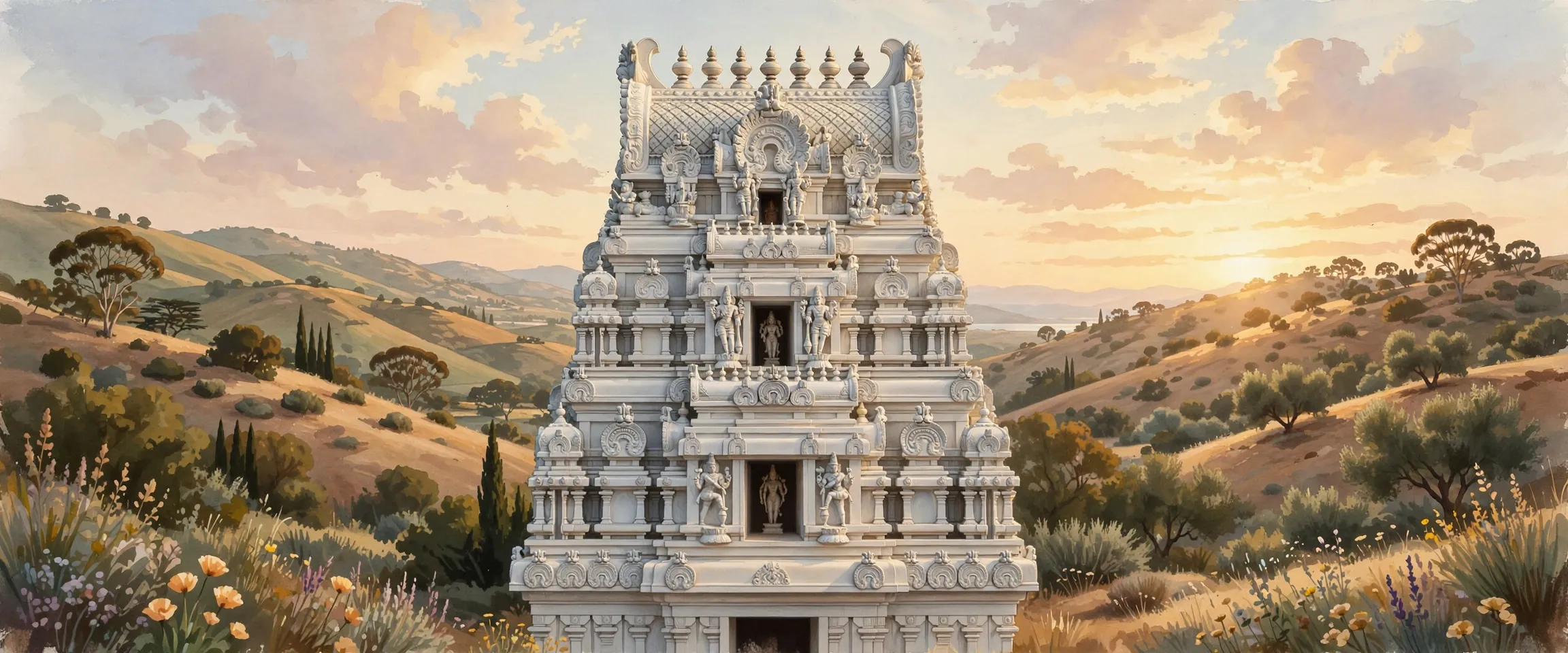 AI-generated editorial design for Jugti, incorporating original photograph of Malibu Hindu Temple by Ganeshk (CC BY-SA 3.0)