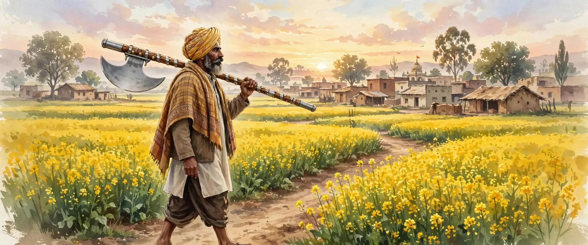 Painterly illustration of a Punjabi farmer walking through mustard fields carrying a gandasa, a long wooden staff with a wide blade, on his shoulder
