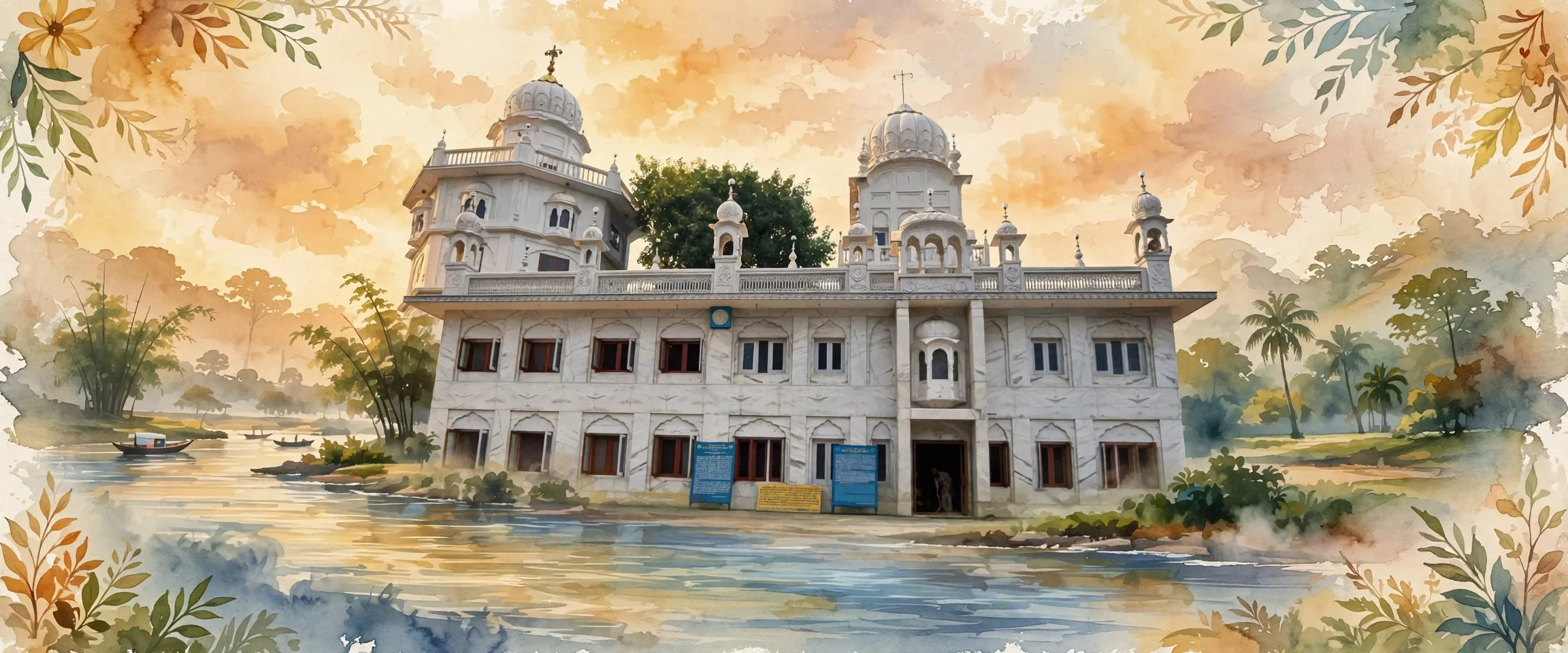 AI-generated editorial design for Jugti, incorporating original photograph of Gurdwara Sri Guru Tegh Bahadur Sahib, Dhubri by Wahabdr (CC BY-SA 3.0)