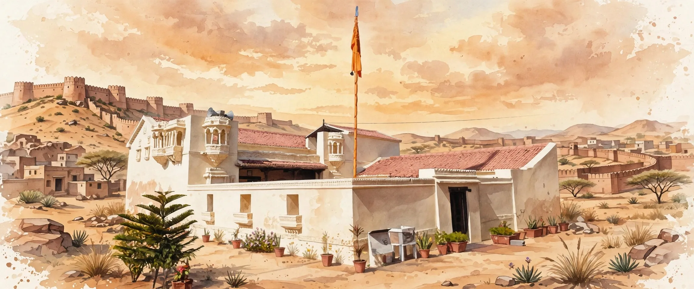 AI-generated editorial design for Jugti, incorporating original photograph of Lakhpat Gurdwara Sahib by Nizil Shah (CC BY-SA 3.0)