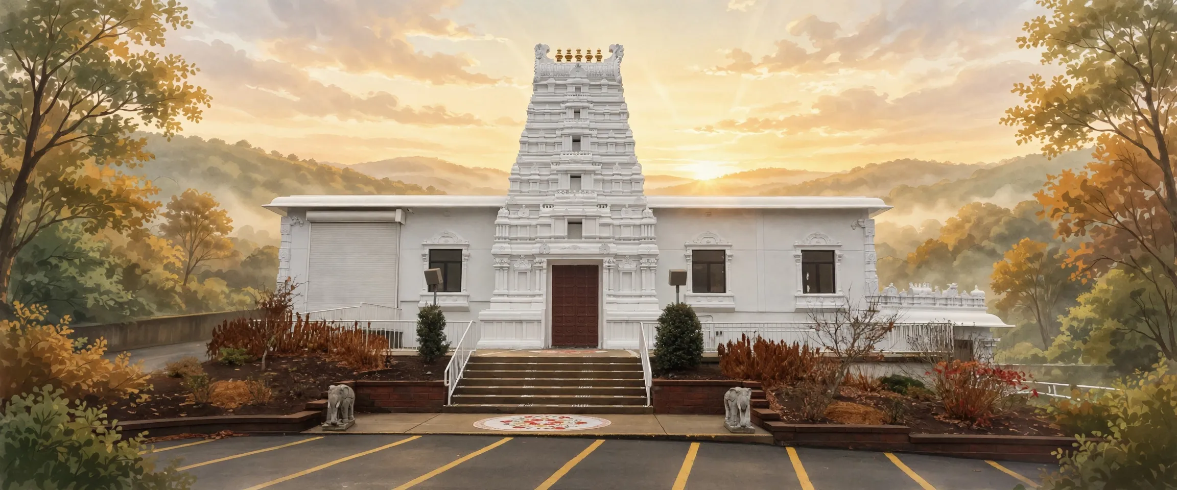 AI-generated editorial design for Jugti, incorporating original photograph of Sri Venkateswara Temple, Penn Hills by Bohemian Baltimore (CC BY-SA 4.0)
