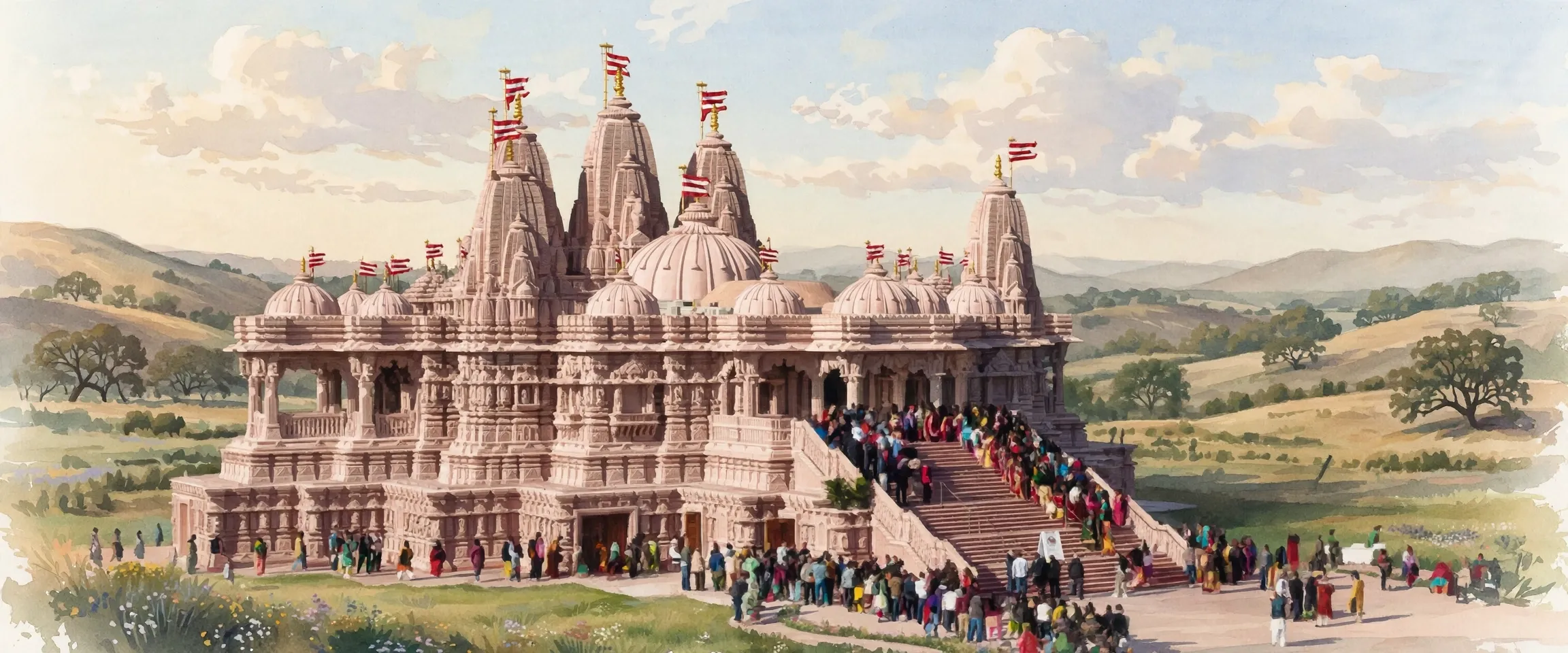 AI-generated editorial design for Jugti, incorporating original photograph of BAPS Mandir Chino Hills by BAPS Swaminarayan Sanstha (CC BY-SA 3.0)