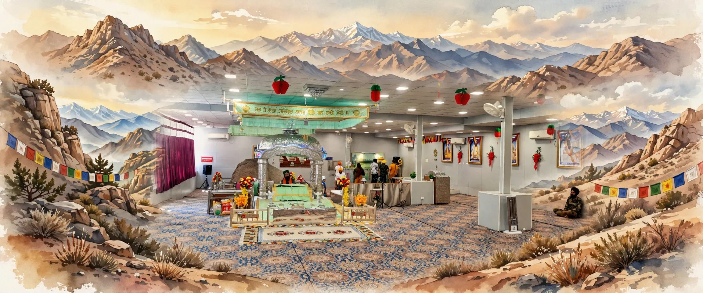 AI-generated editorial design for Jugti, incorporating original photograph of Gurdwara Pathar Sahib, Leh by Jagseer S Sidhu (CC BY-SA 4.0)