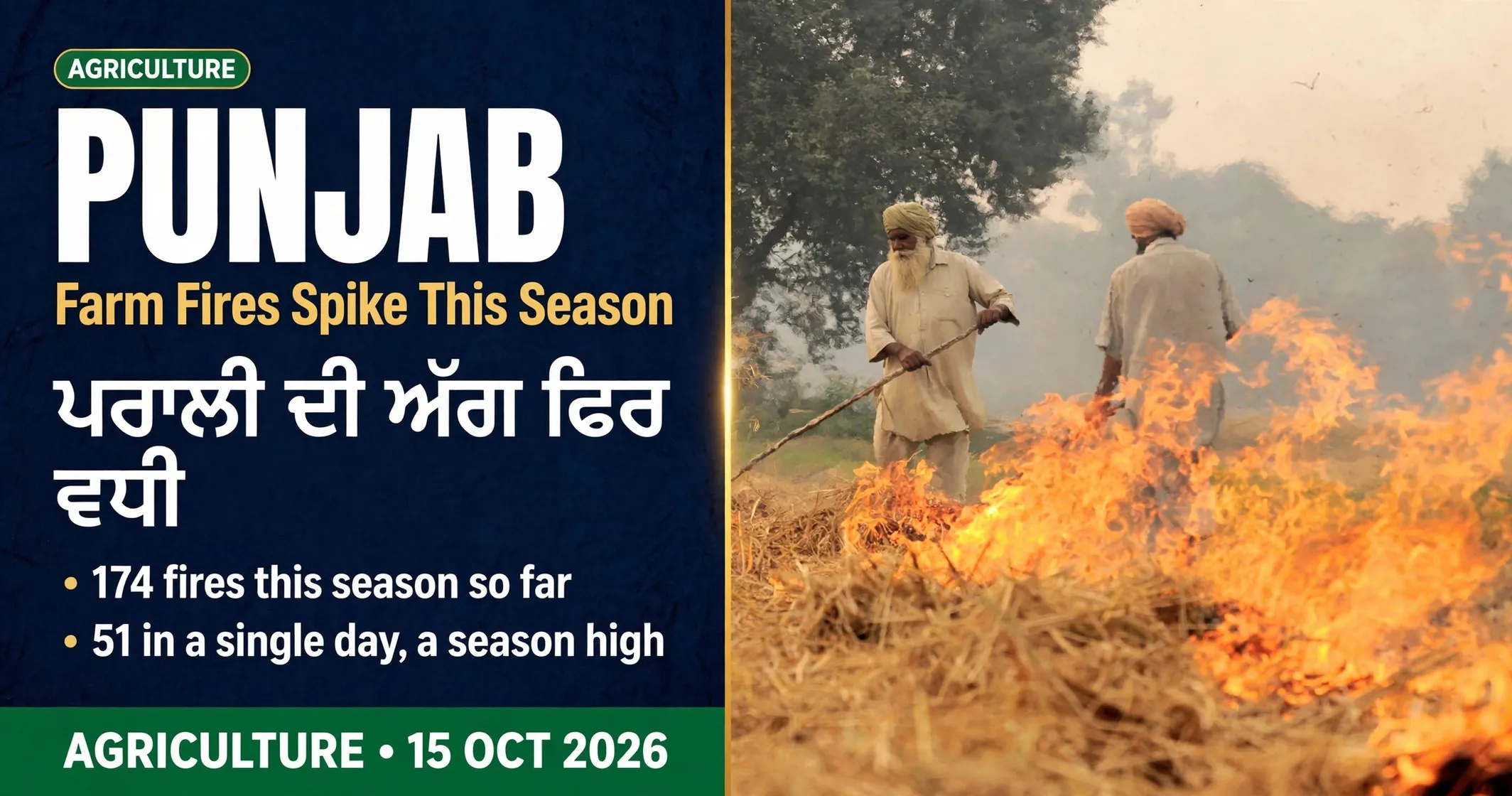 AI-generated editorial design for Jugti, incorporating original photograph of farmers burning paddy stubble in Punjab by Neil Palmer (CIAT) (CC BY-SA 2.0)