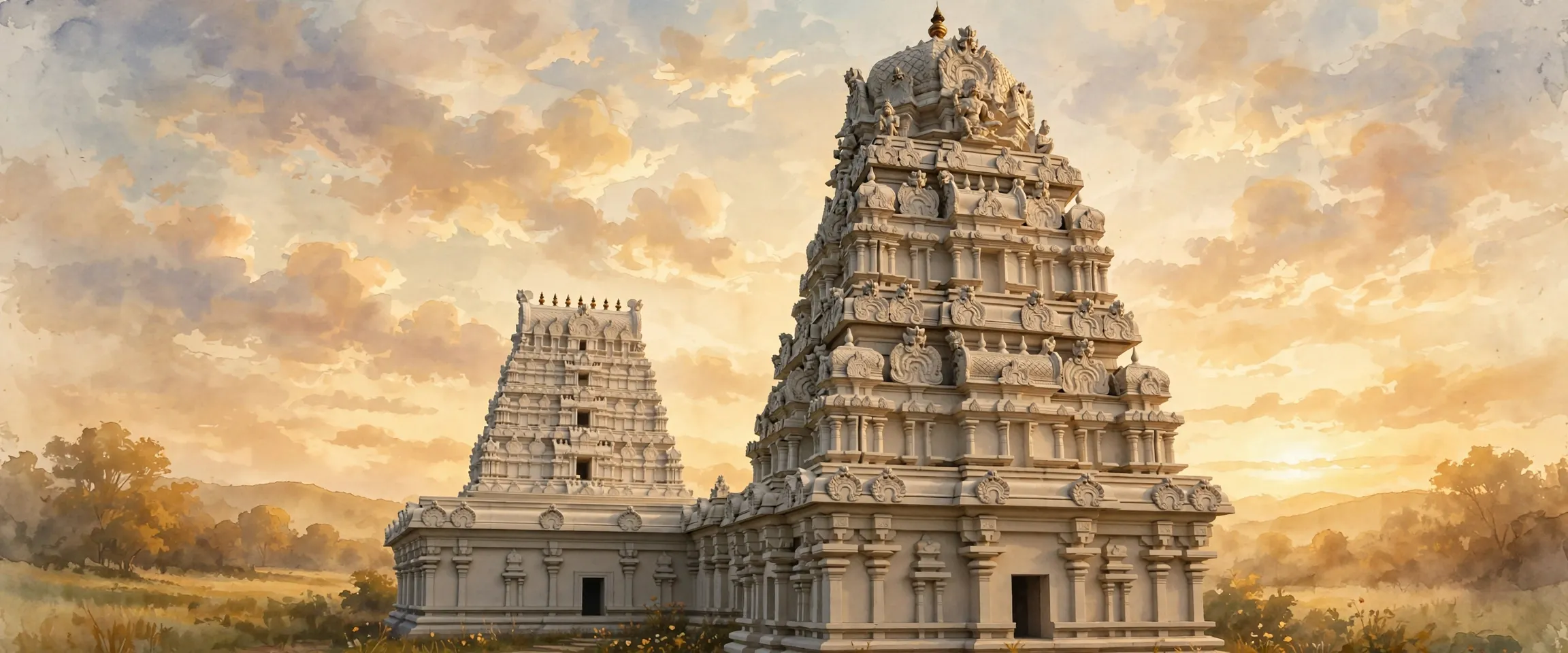 AI-generated editorial design for Jugti, incorporating original photograph of Hindu Temple of Greater Chicago, Lemont by hakkun (CC BY-SA 3.0)