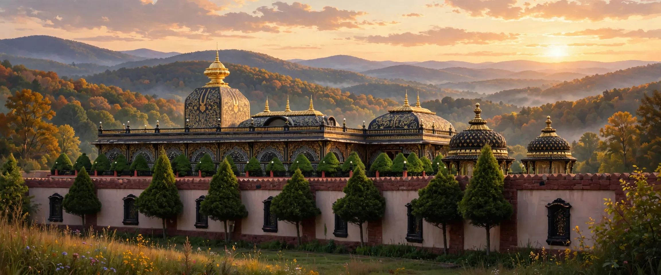 AI-generated editorial design for Jugti, incorporating original photograph of Prabhupada's Palace of Gold, New Vrindaban by Lee Paxton (CC BY-SA 4.0)