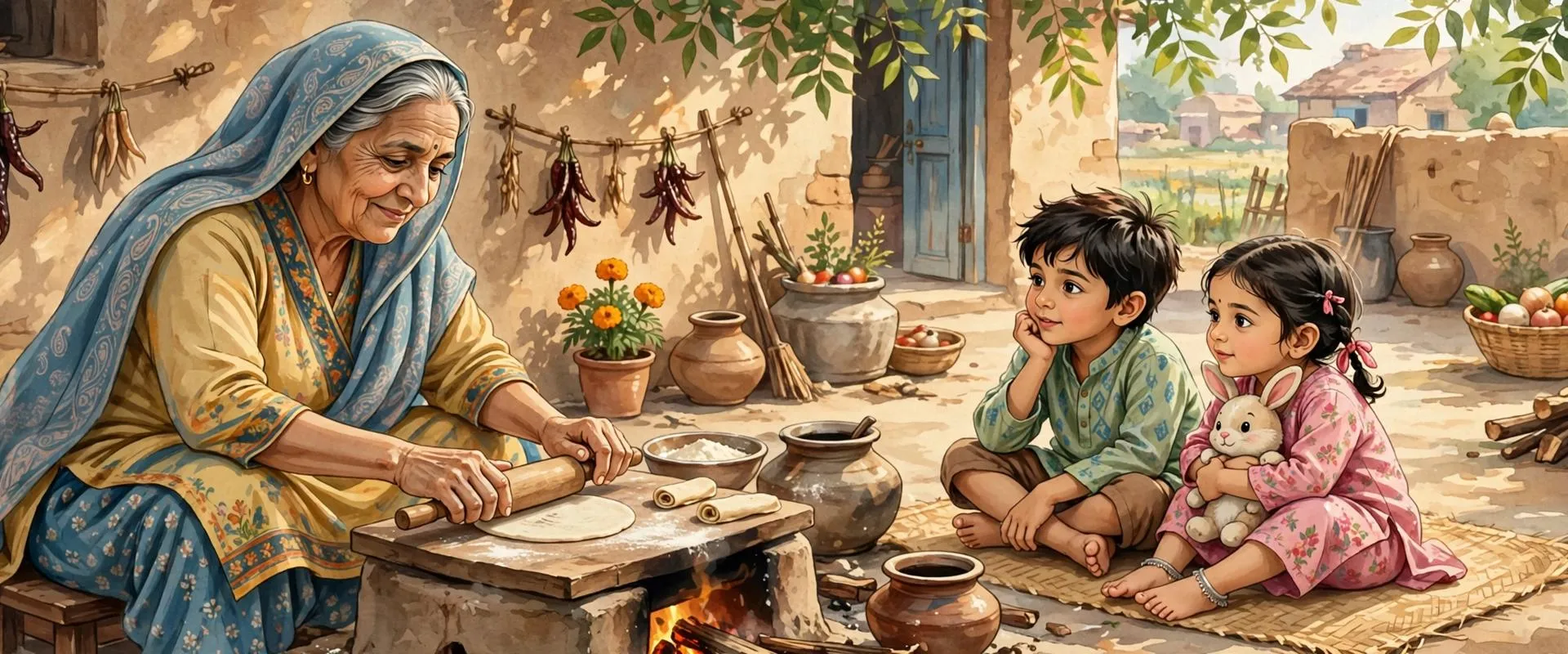 Illustration of an elderly Punjabi mother rolling rotis by a clay stove in a village courtyard with grandchildren nearby