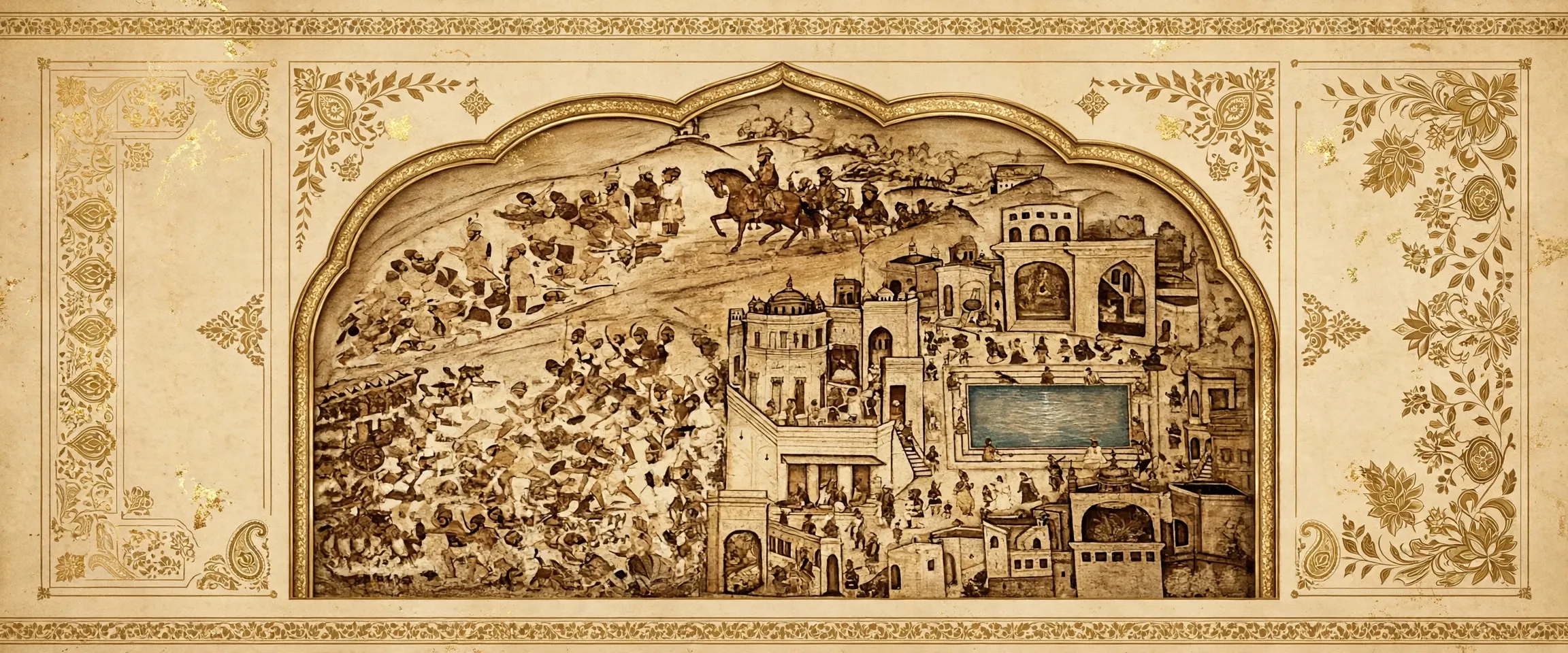 AI-generated editorial design for Jugti, incorporating the 19th-century mural of the Battle of Muktsar from Gurdwara Baba Atal Rai (public domain)