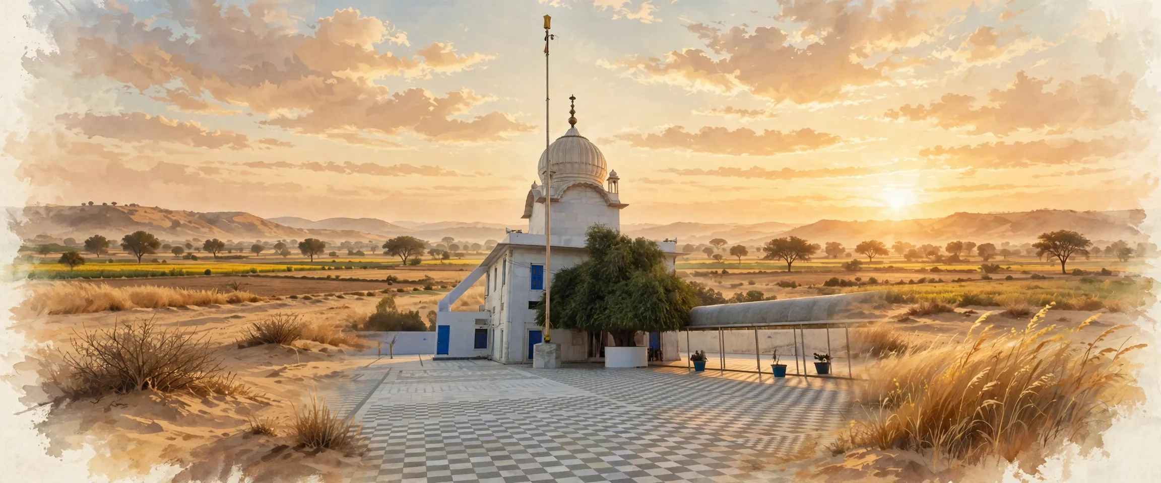 AI-generated editorial design for Jugti, incorporating original photograph of Gurdwara Tibbi Sahib, Sri Muktsar Sahib by WikiUser (CC BY-SA 4.0)