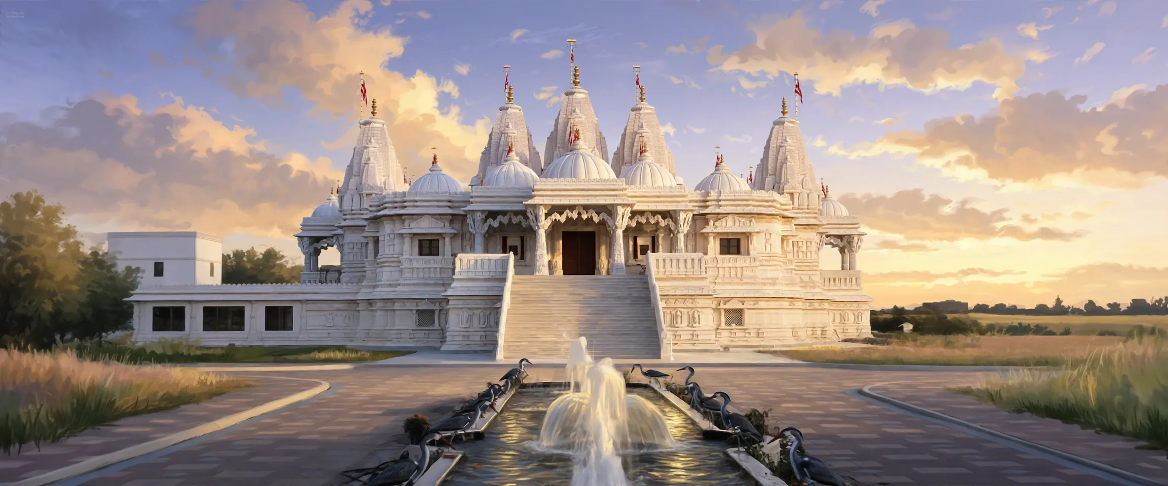 AI-generated editorial design for Jugti, incorporating original photograph of BAPS Shri Swaminarayan Mandir, Toronto by Ian Muttoo (CC BY-SA 2.0)