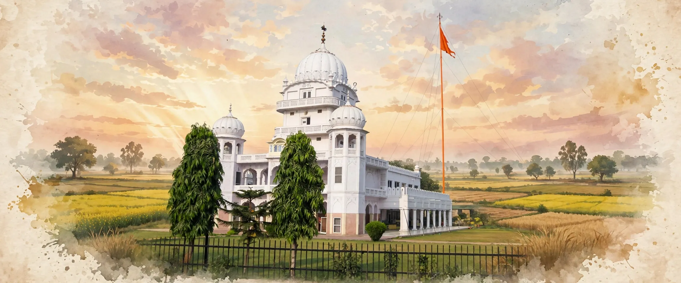 AI-generated editorial design for Jugti, incorporating original photograph of Gurdwara Manji Sahib, Alamgir by RameshSharma1 (CC BY 2.0)
