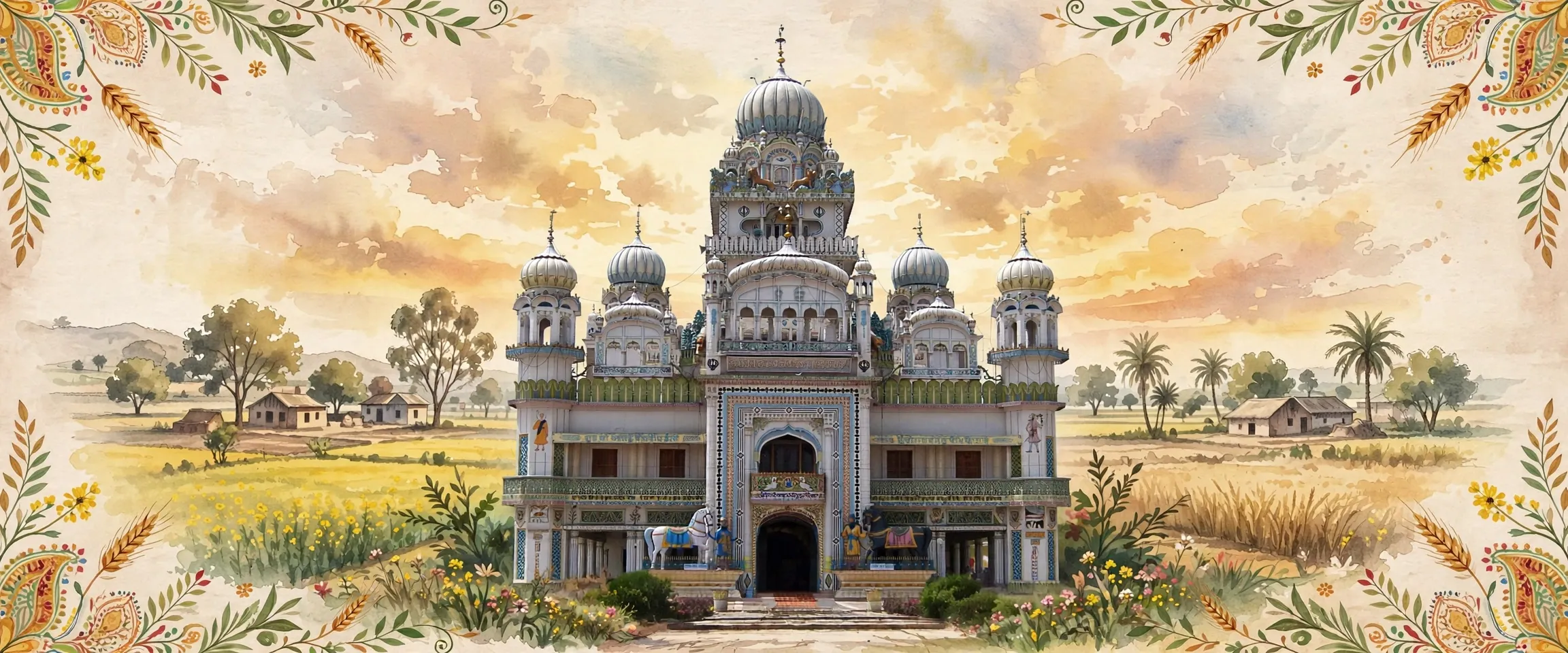 AI-generated editorial design for Jugti, incorporating original photograph of Gurdwara Mehdiana Sahib by aadhunik (CC BY-SA 3.0)