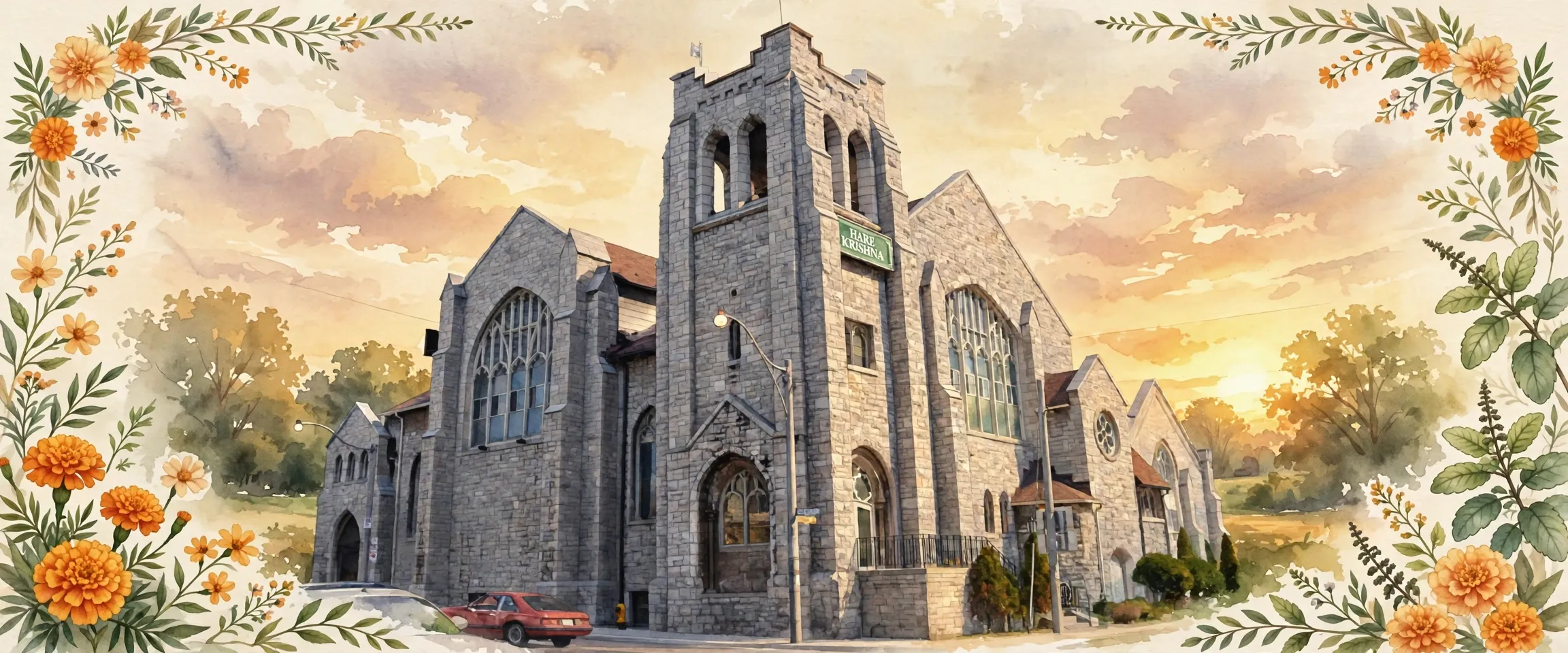 AI-generated editorial design for Jugti, incorporating original photograph of Hare Krishna Temple, Toronto by SimonP (CC BY-SA 3.0)