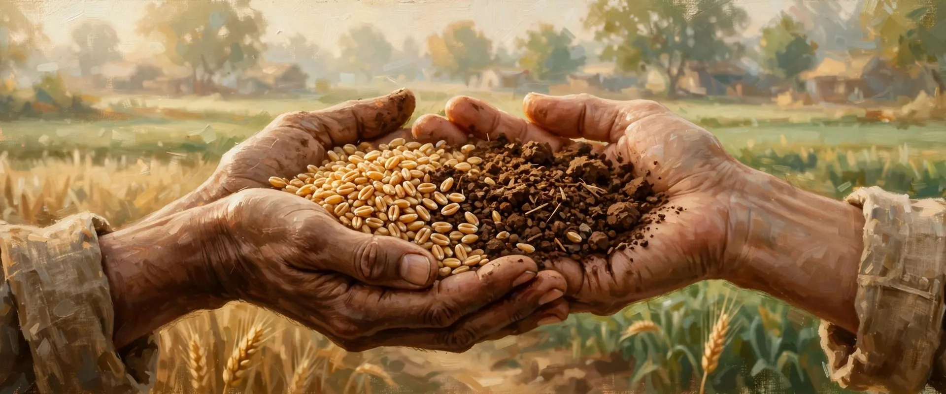 Painterly illustration of cupped working hands holding wheat grain and soil above Punjabi fields