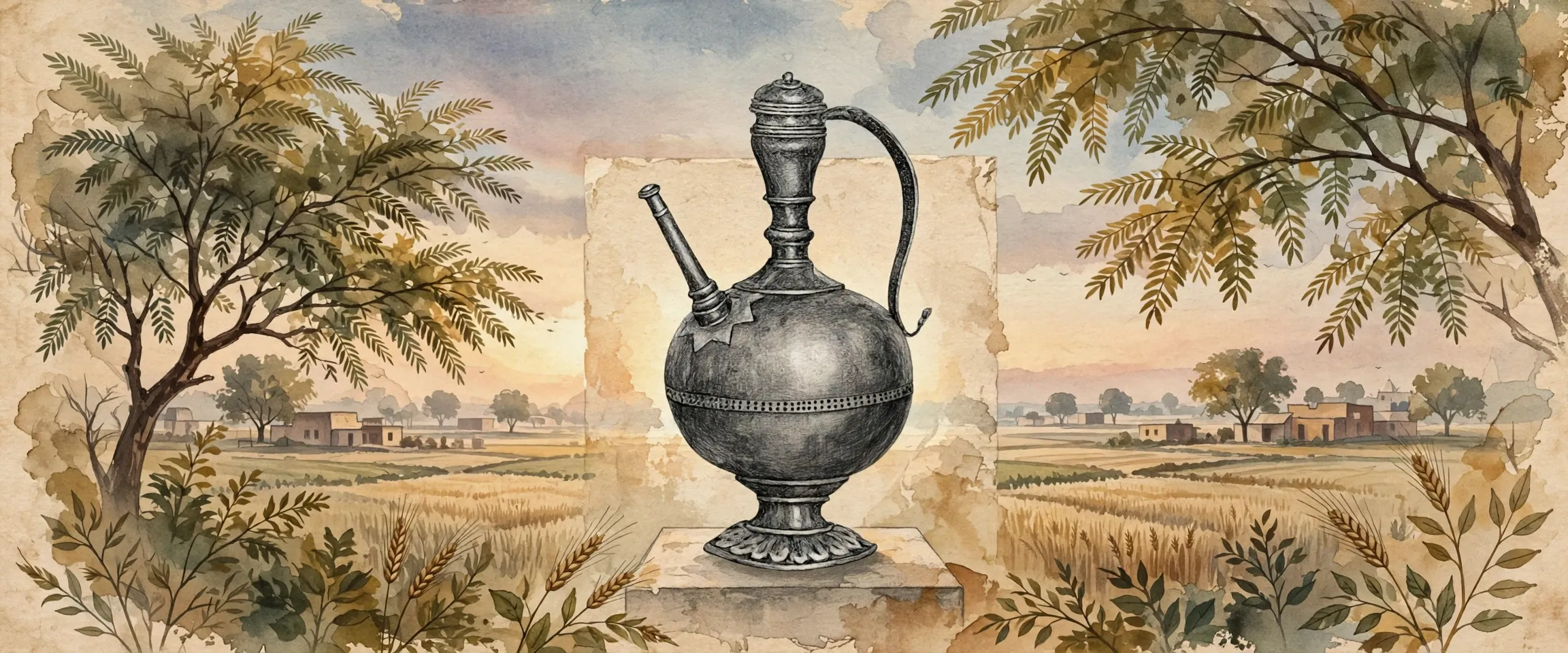 AI-generated editorial design for Jugti, incorporating original photograph of the Ganga Sagar urn by unknown artist, Raikot Survey Pustak, Bhasha Vibhag Punjab (public domain)