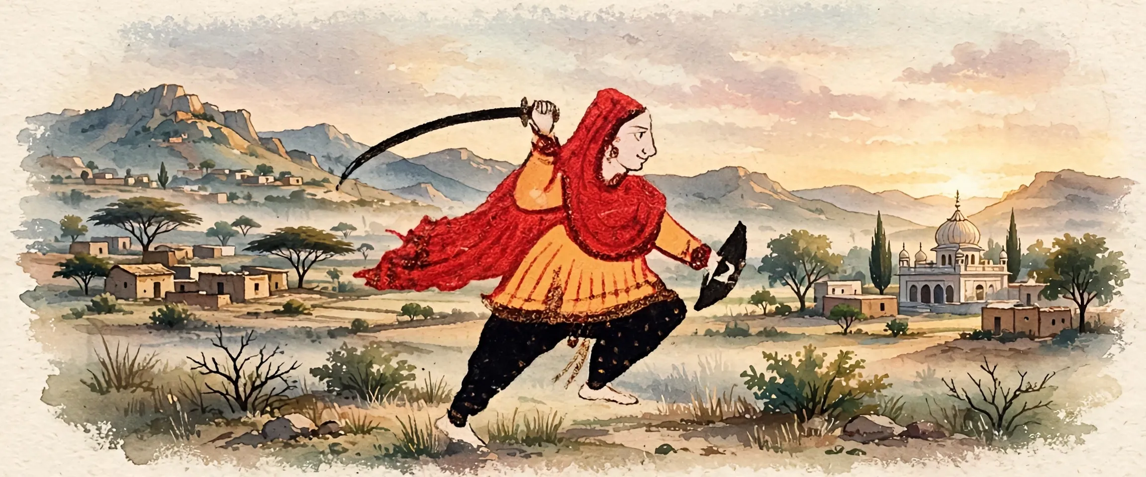 AI-generated editorial design for Jugti, incorporating original painting of Mai Bhago Ji in the Battle of Muktsar, Sikh school, Punjab Plains, late 19th century (public domain)