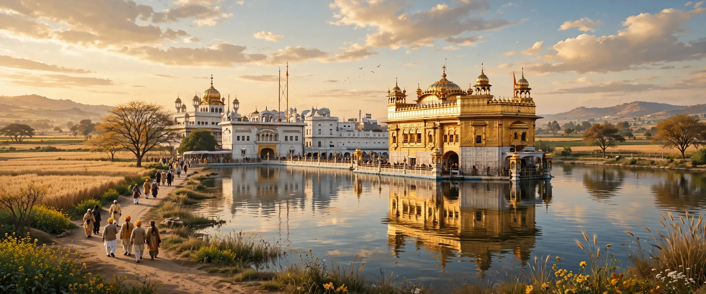 AI-generated editorial design for Jugti, incorporating original photograph of Harmandir Sahib and Akal Takht, Amritsar by Jasleen Kaur (CC BY-SA 2.0)