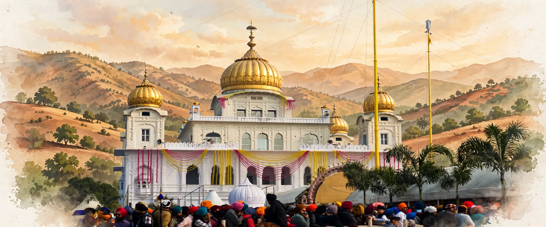 AI-generated editorial design for Jugti, incorporating original photograph of Gurdwara Fatehgarh Sahib by Kuldeepburjbhalaike (CC BY-SA 4.0)