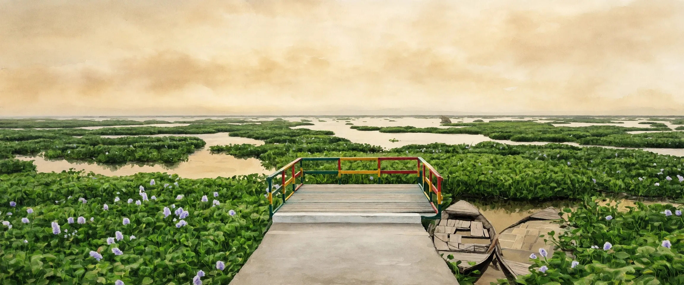 The viewing platform and boats at Harike Wetland, with water hyacinth stretching to the horizon
