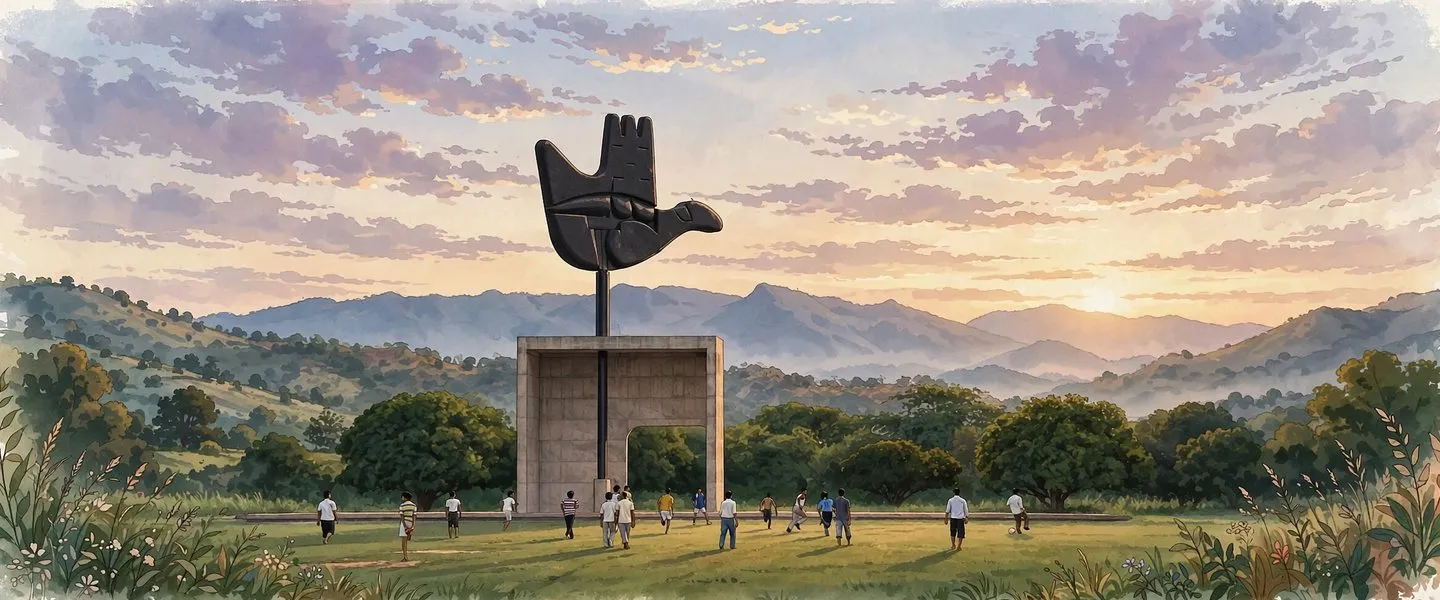 AI-generated editorial design for Jugti, incorporating original photograph of the Open Hand Monument, Chandigarh by Raakesh Blokhra (CC BY-SA 2.0)