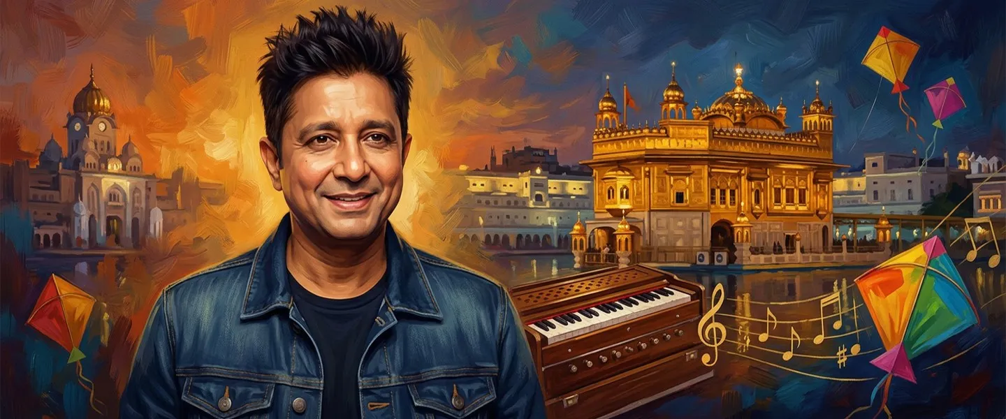 AI-generated editorial design for Jugti, incorporating original photograph of Sukhwinder Singh by Bollywood Hungama (CC BY 3.0)