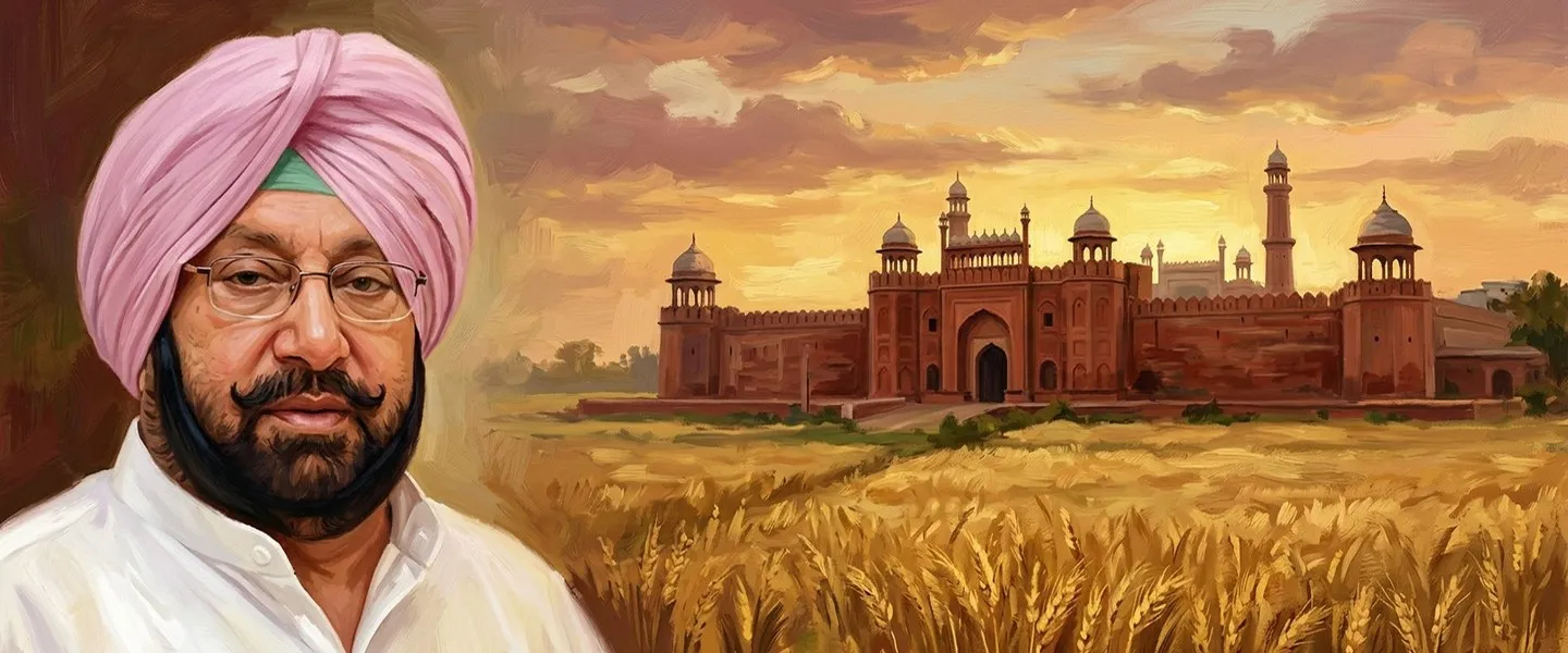 AI-generated editorial design for Jugti, incorporating original photograph of Captain Amarinder Singh by Arygup05 (CC BY-SA 4.0)