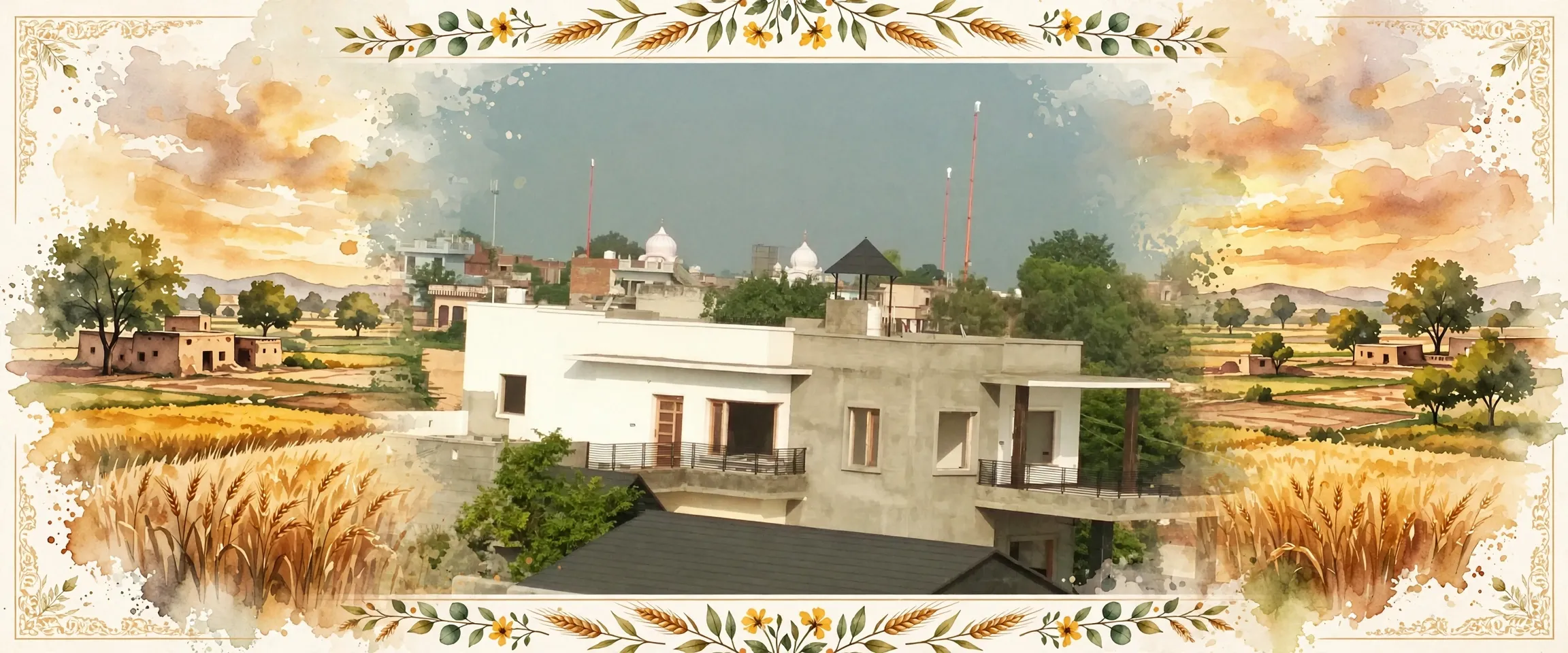 AI-generated editorial design for Jugti, incorporating original photograph of Jhabal Kalan village by Ffgghhjj123 (CC BY-SA 4.0)