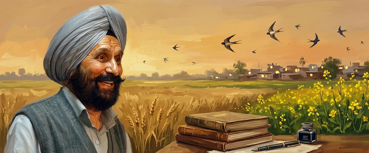 AI-generated editorial design for Jugti, incorporating original photograph of Waryam Singh Sandhu by Sukhjiwan Singh (CC BY-SA 4.0)