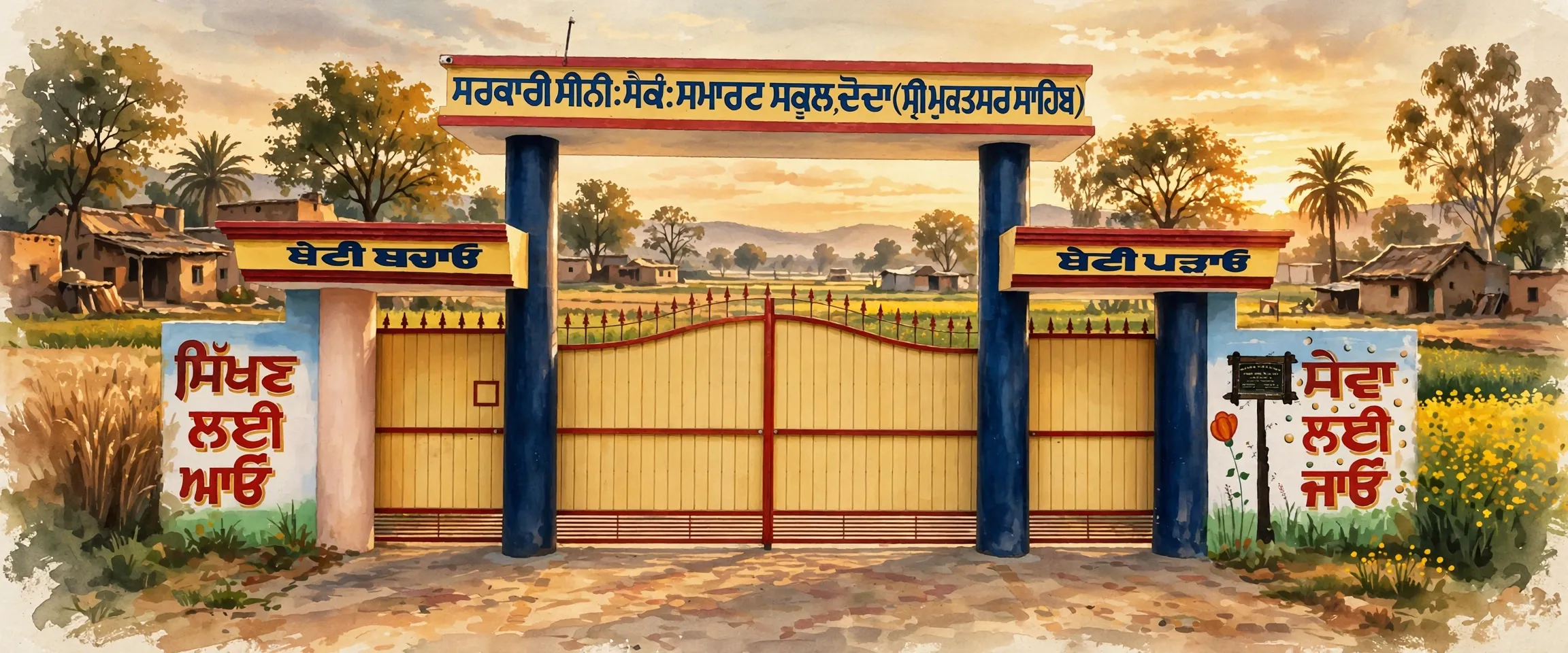 AI-generated editorial design for Jugti, incorporating original photograph of Government Senior Secondary School, Doda by Stalinjeet Brar (CC BY-SA 4.0)