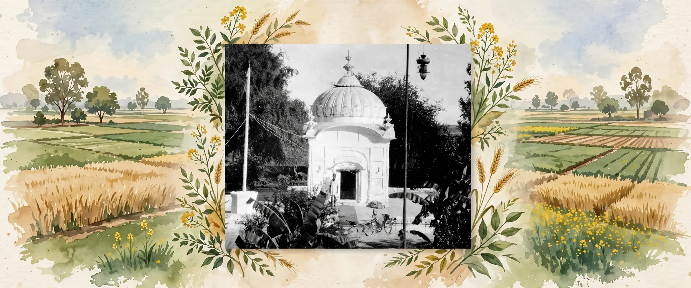 AI-generated editorial design for Jugti, incorporating original photograph of Gurdwara Kiara Sahib by Dhanna Singh Chahal 'Patialvi', 1933 (public domain)