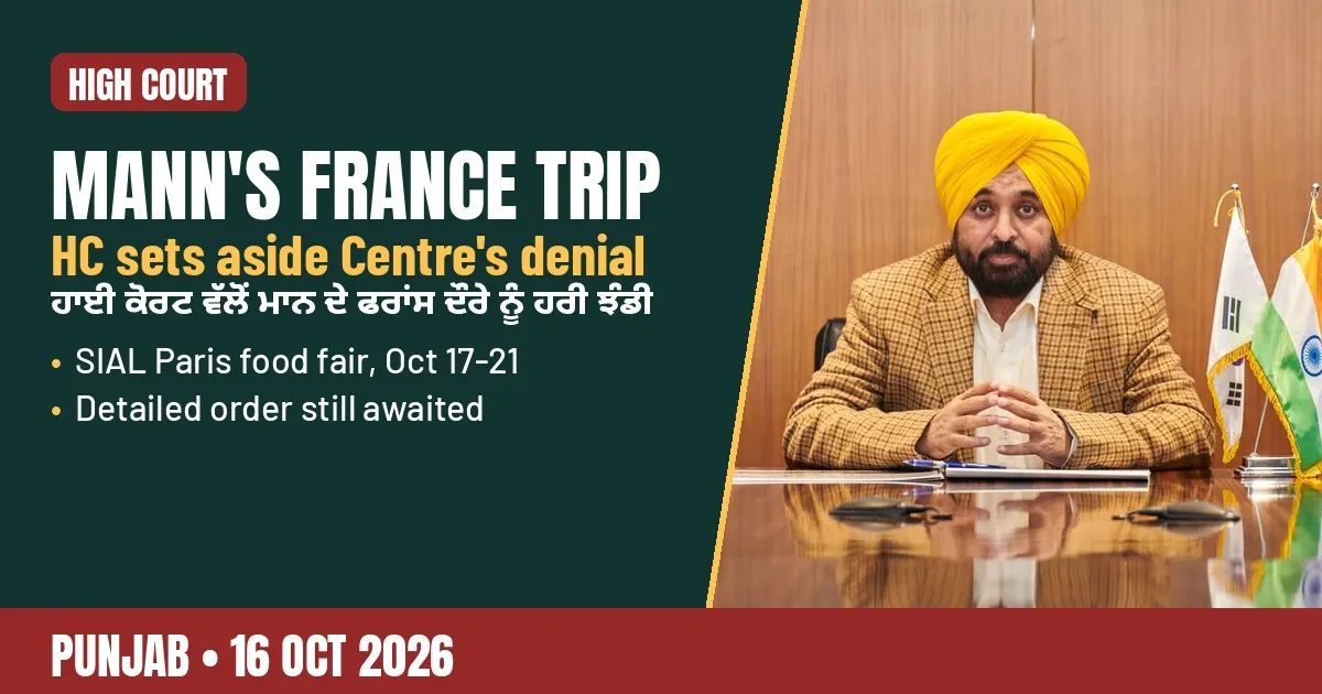 Breaking-news poster: High Court sets aside Centre's denial of CM Mann's France trip